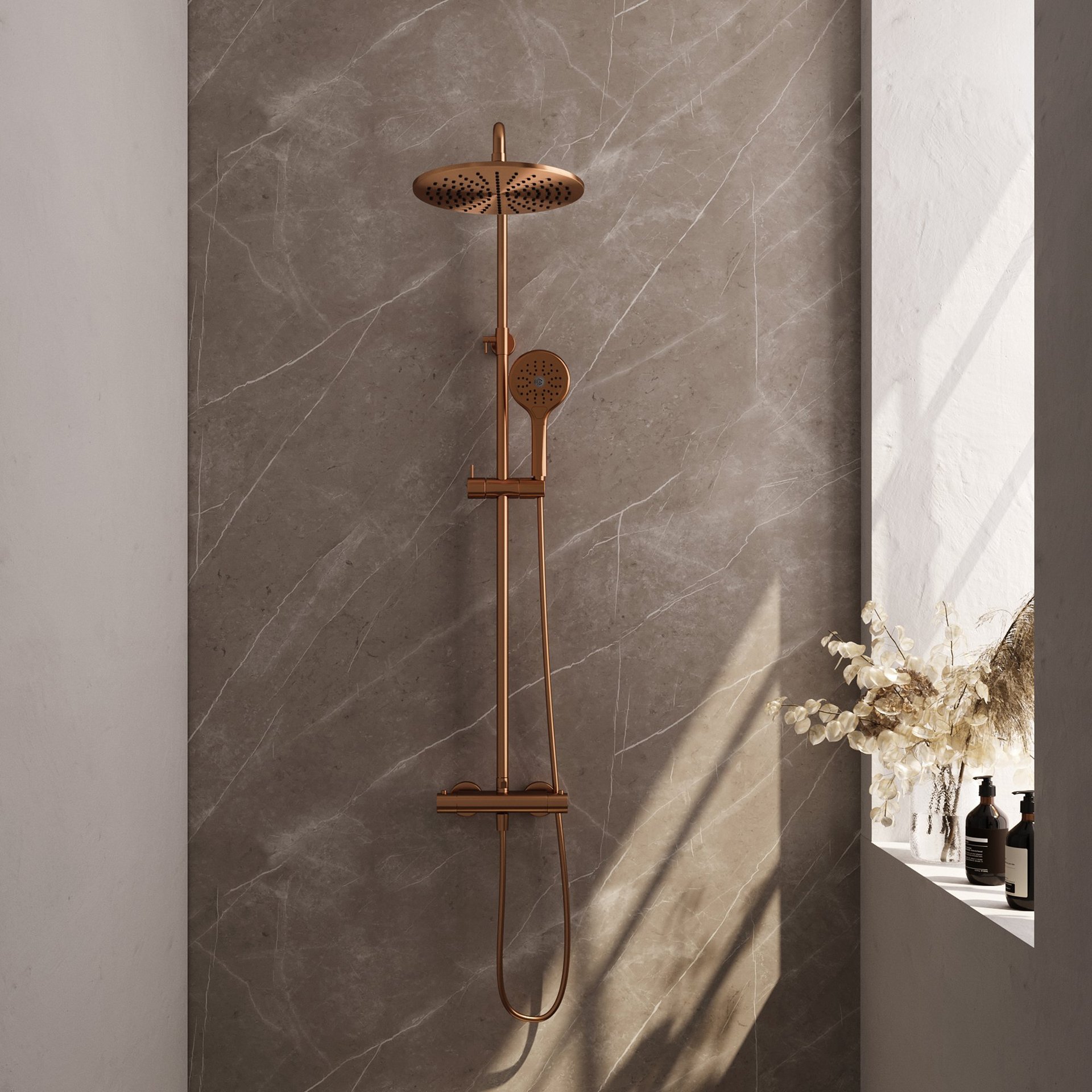 BRAUER Copper Edition opbouw thermostatische regendouche SET 04 met 30 cm hoofddouche en 3-standen handdouche en doucheslang koper geborsteld PVD
