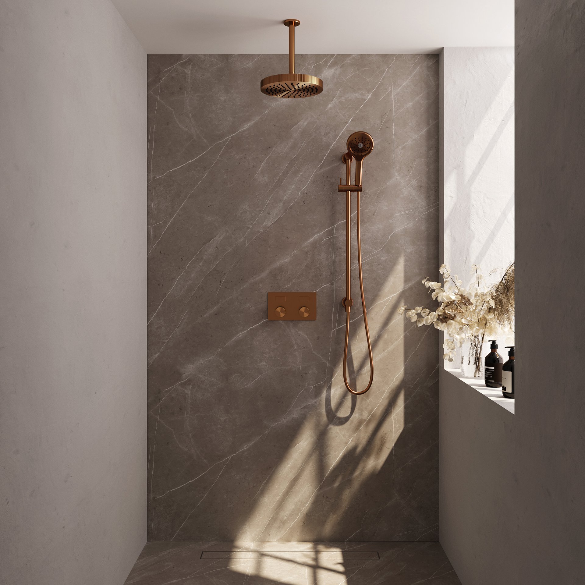 BRAUER Stripe thermostatische inbouw regendouche met drukknoppen SET 36 met 25 cm douchekop en plafondarm en 3-standen handdouche en doucheslang en geïntegreerde glijstang koper geborsteld PVD