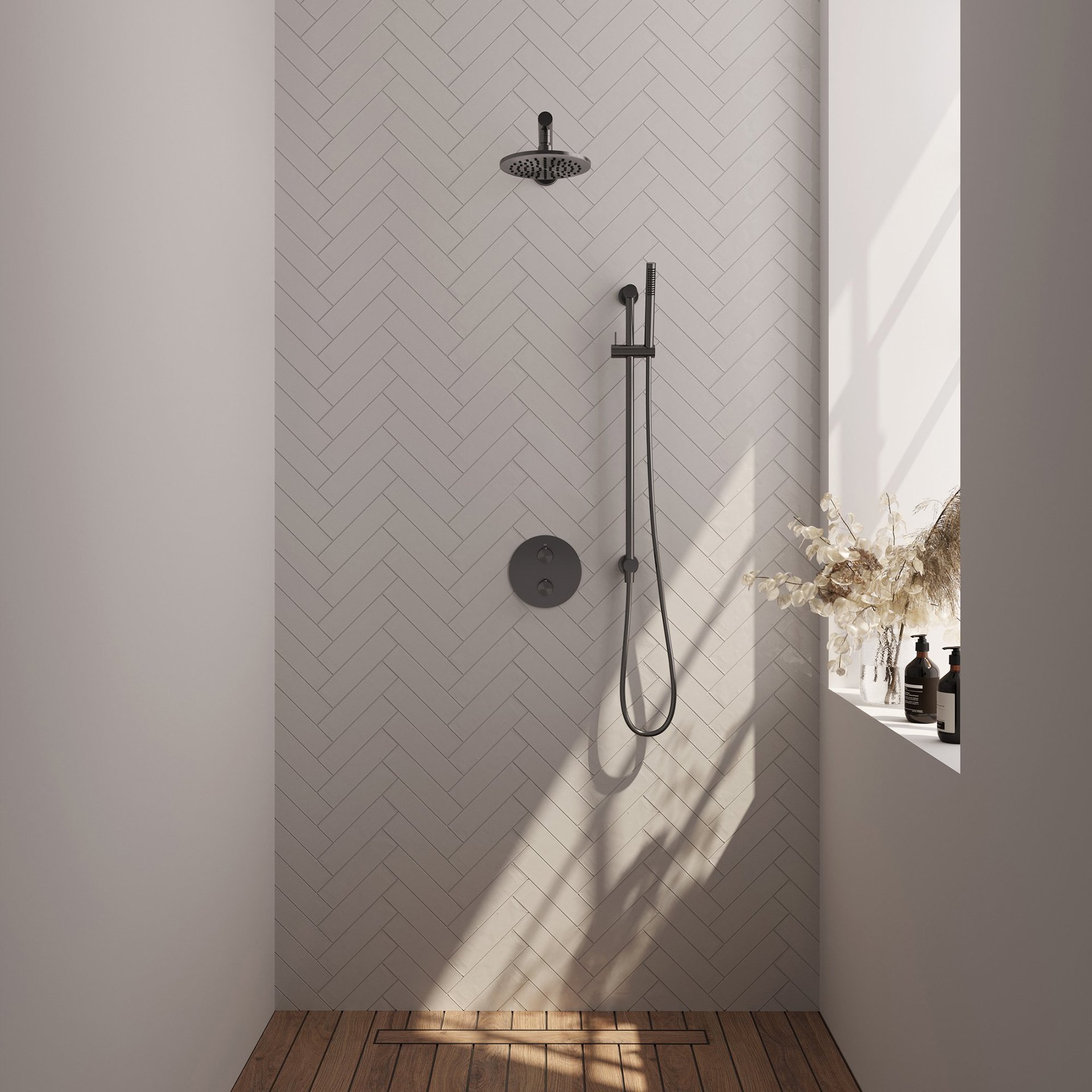 BRAUER Gunmetal Edition thermostatische inbouw regendouche 3-weg rond SET 85 met 20 cm douchekop en rechte muurarm en staaf handdouche en doucheslang en geïntegreerde glijstang gunmetal geborsteld PVD