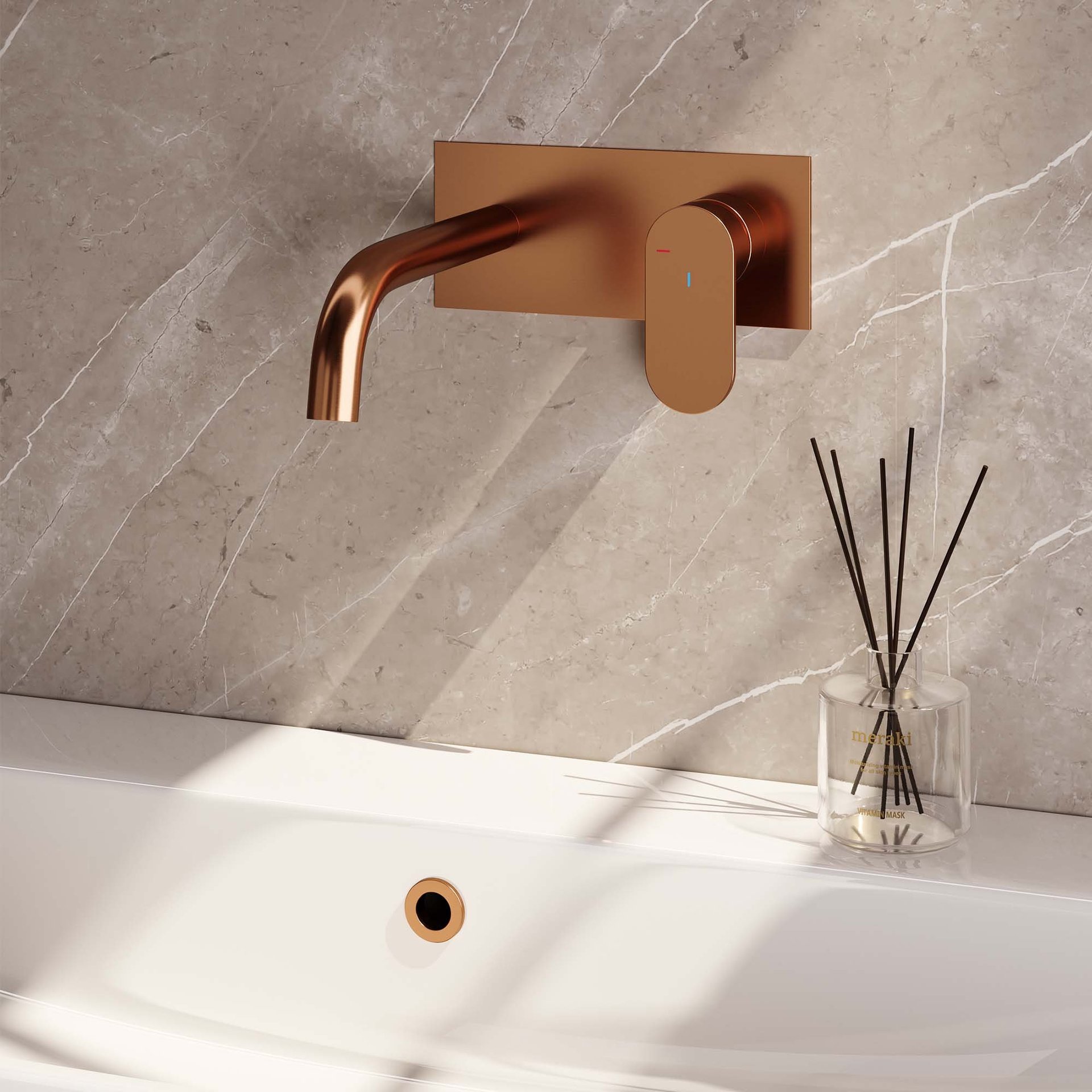 BRAUER Copper Edition inbouw wastafelmengkraan met gebogen uitloop en afdekplaat model C1 koper geborsteld PVD