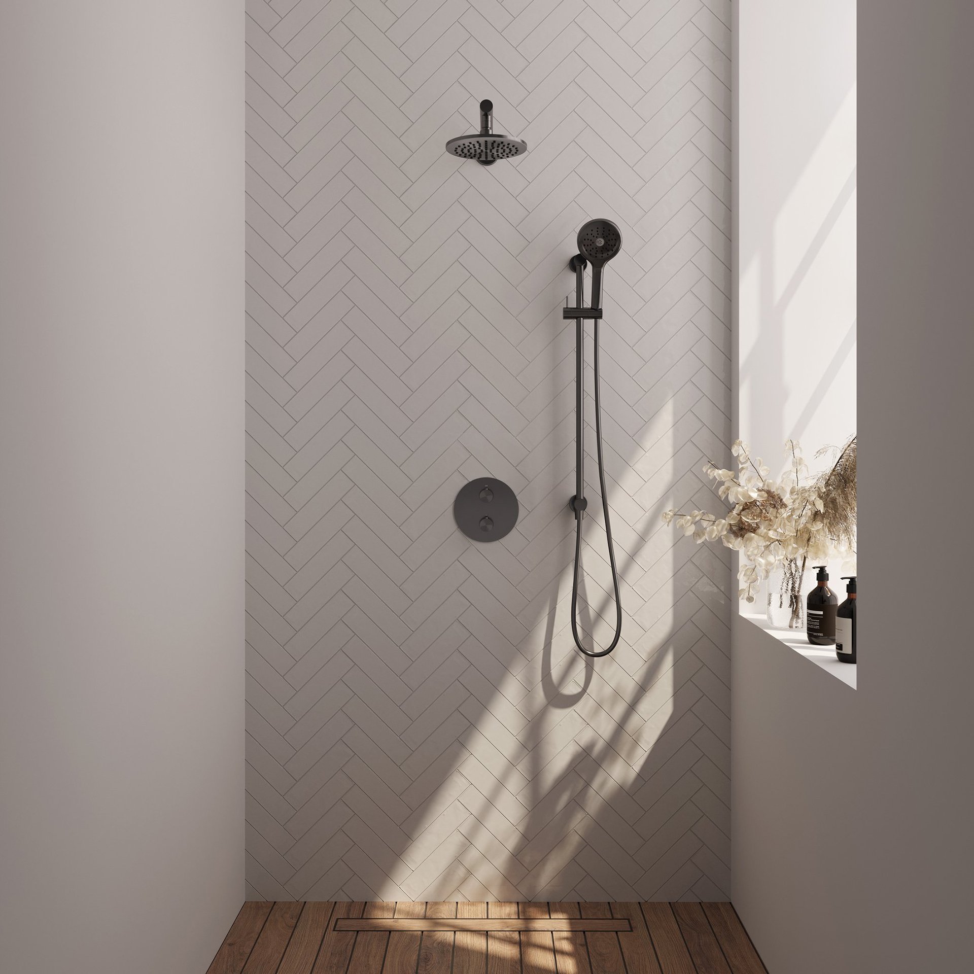 BRAUER Gunmetal Carving thermostatische inbouw regendouche 3-weg rond SET 91 met 20 cm douchekop en rechte muurarm en 3-standen handdouche en doucheslang en geïntegreerde glijstang gunmetal geborsteld PVD