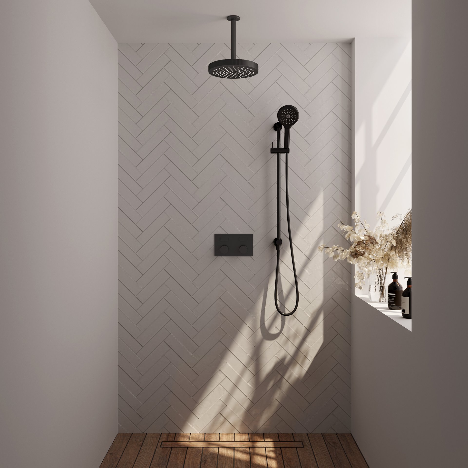 BRAUER Stripe thermostatische inbouw regendouche met drukknoppen SET 36 met 25 cm douchekop en plafondarm en 3-standen handdouche en doucheslang en geïntegreerde glijstang mat zwart