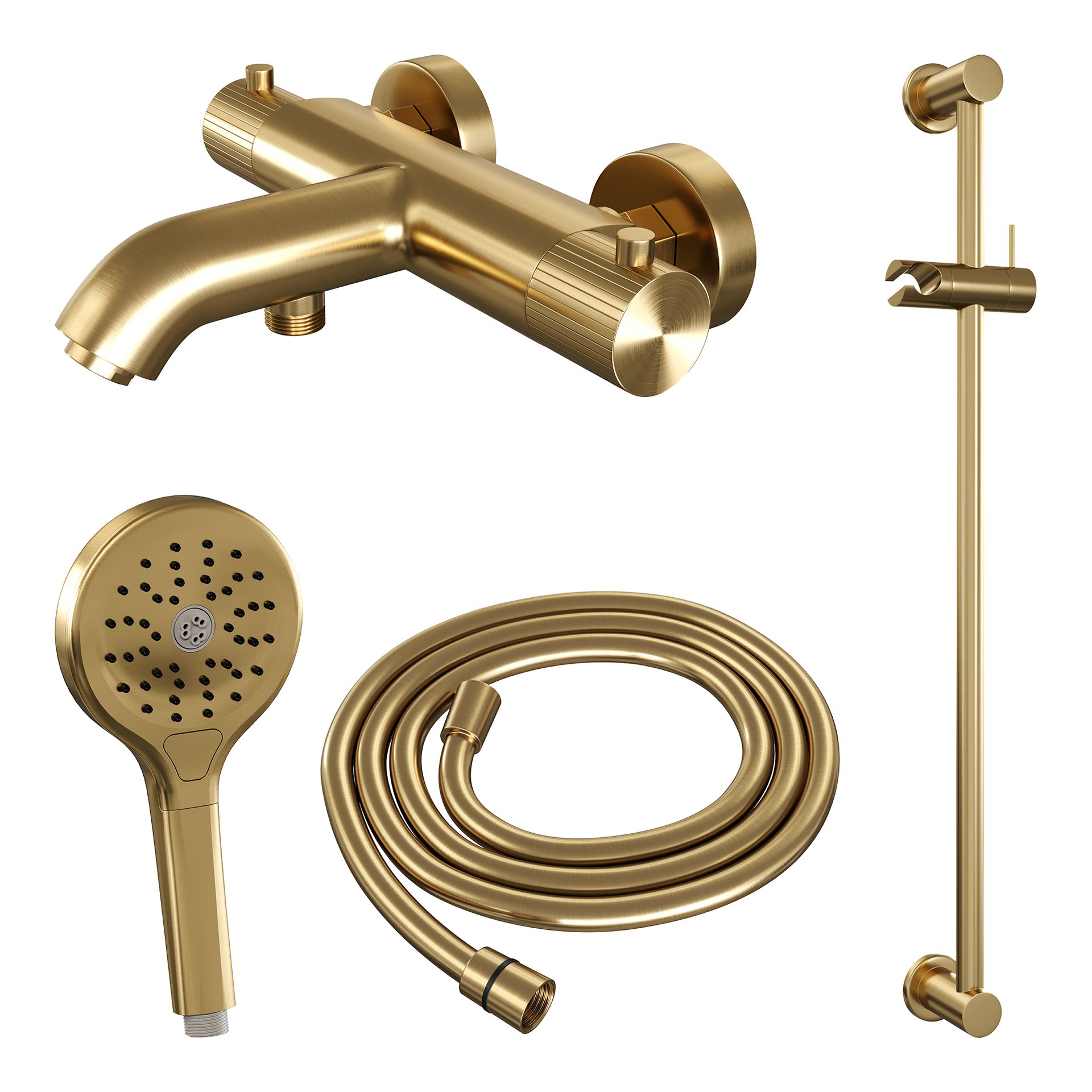 BRAUER Stripe opbouw baddouche thermostaatkraan SET 02 met glijstang en 3-standen handdouche en doucheslang goud geborsteld PVD