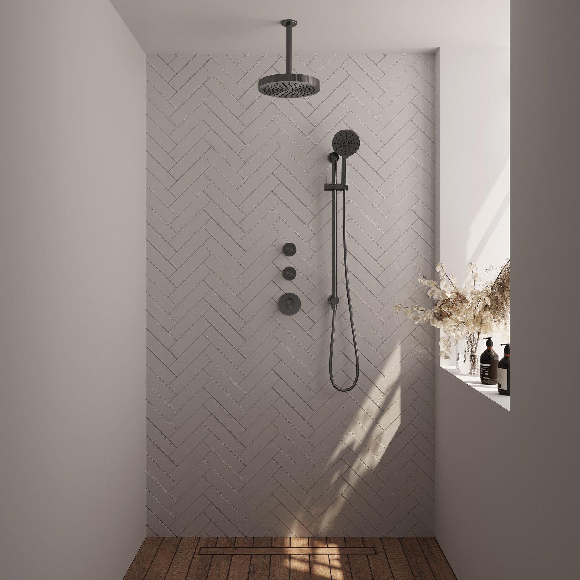 BRAUER Stripe thermostatische inbouw regendouche SET 12 met 25 cm douchekop en plafondarm en 3-standen handdouche en doucheslang en geïntegreerde glijstang gunmetal geborsteld PVD