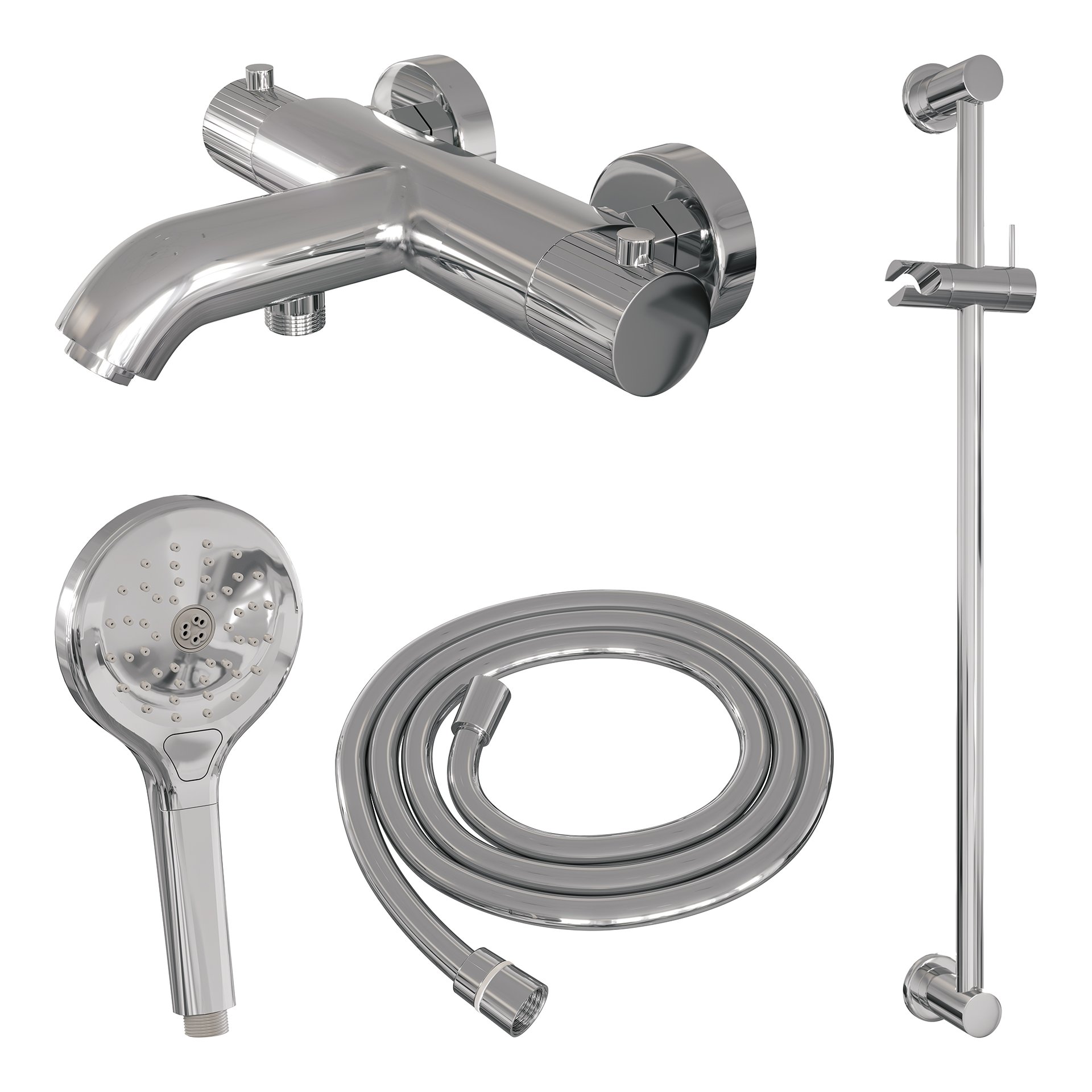 BRAUER Stripe opbouw baddouche thermostaatkraan SET 02 met glijstang en 3-standen handdouche en doucheslang chroom
