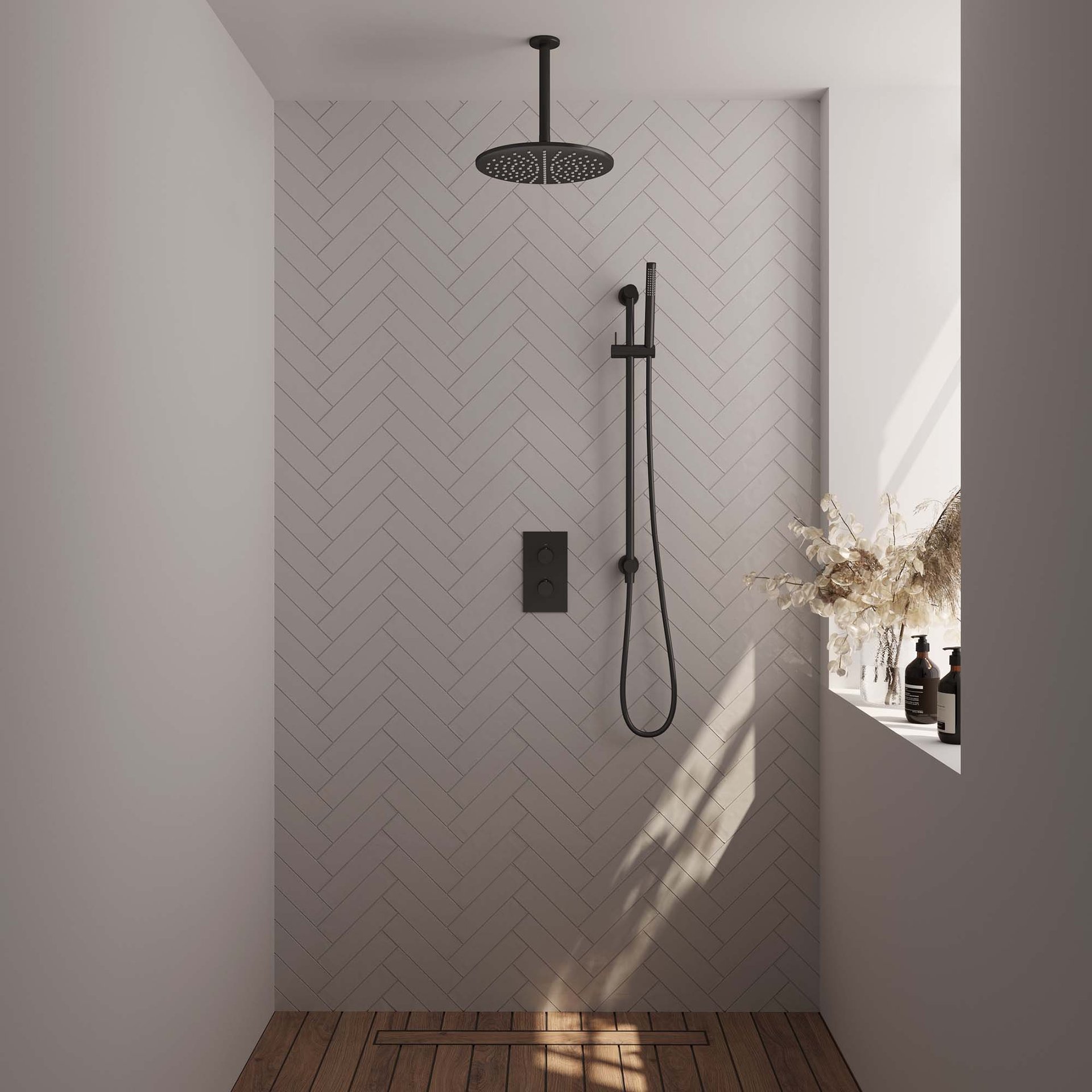 BRAUER Black Carving thermostatische inbouw regendouche 3-weg rechthoekig SET 42 met 30 cm douchekop en plafondarm en staaf handdouche en doucheslang en geïntegreerde glijstang mat zwart
