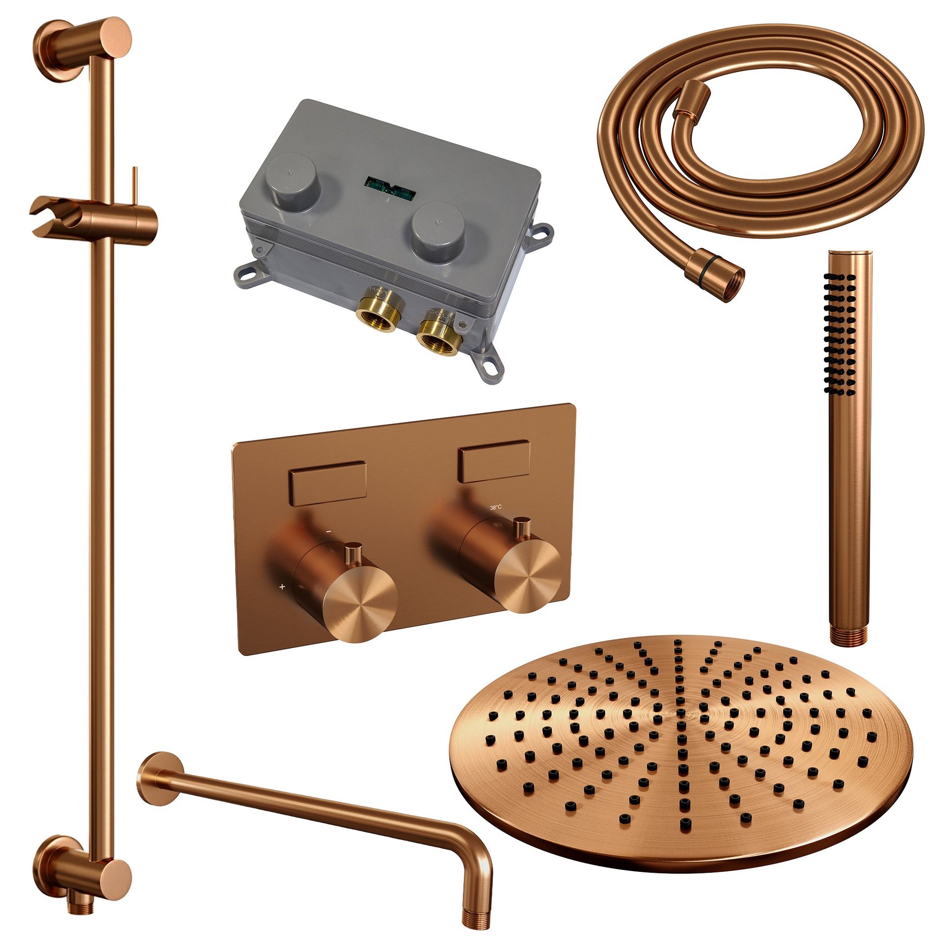 BRAUER Copper Edition thermostatische inbouw regendouche met drukknoppen SET 64 met 30 cm douchekop en gebogen muurarm en staaf handdouche en doucheslang en geïntegreerde glijstang koper geborsteld PVD