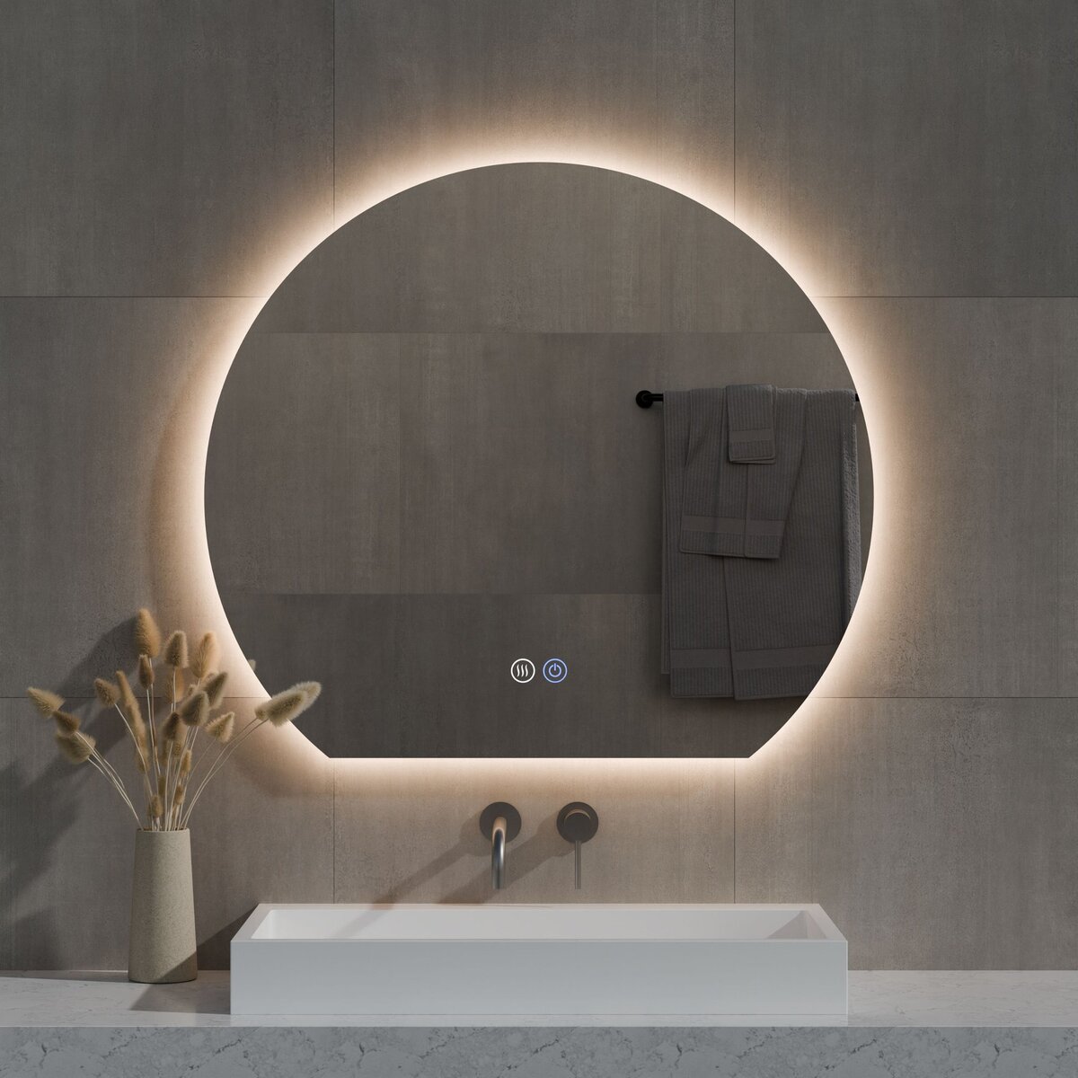 Best-Design "Sunset" half ronde spiegel incl. verwarming, 3 kleuren LED verlichting, dimbaar 80x72 cm