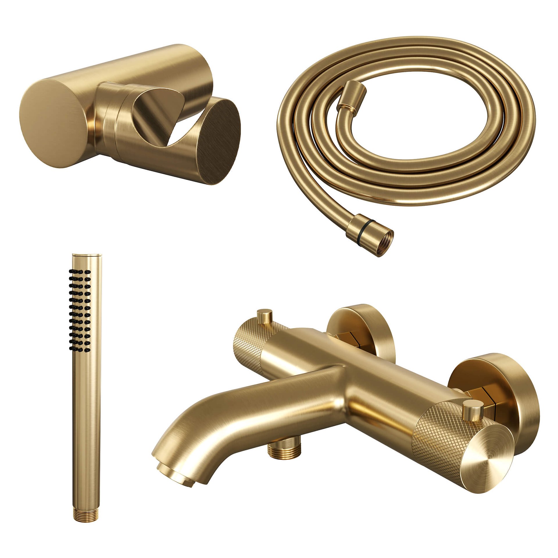 BRAUER Gold Carving opbouw baddouche thermostaatkraan SET 03 met wandhouder en staaf handdouche en doucheslang goud geborsteld PVD
