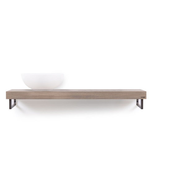 Looox Wooden Base Shelf solo 120 cm, eiken old grey, handdoekhouders geborsteld rvs