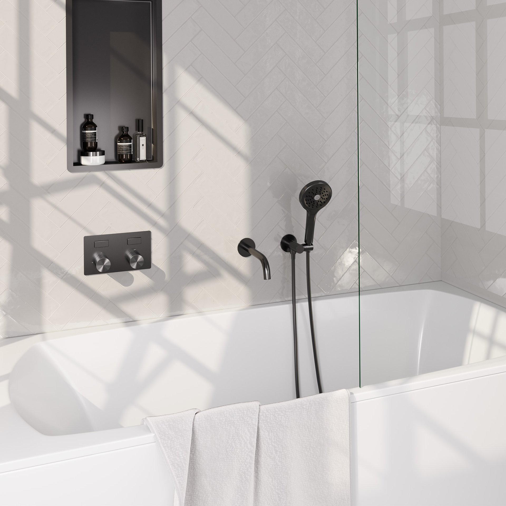 BRAUER Stripe thermostatische inbouw badkraan met drukknoppen SET 04 met uitloop en 3-standen handdouche en doucheslang en wandaansluitbocht gunmetal geborsteld PVD