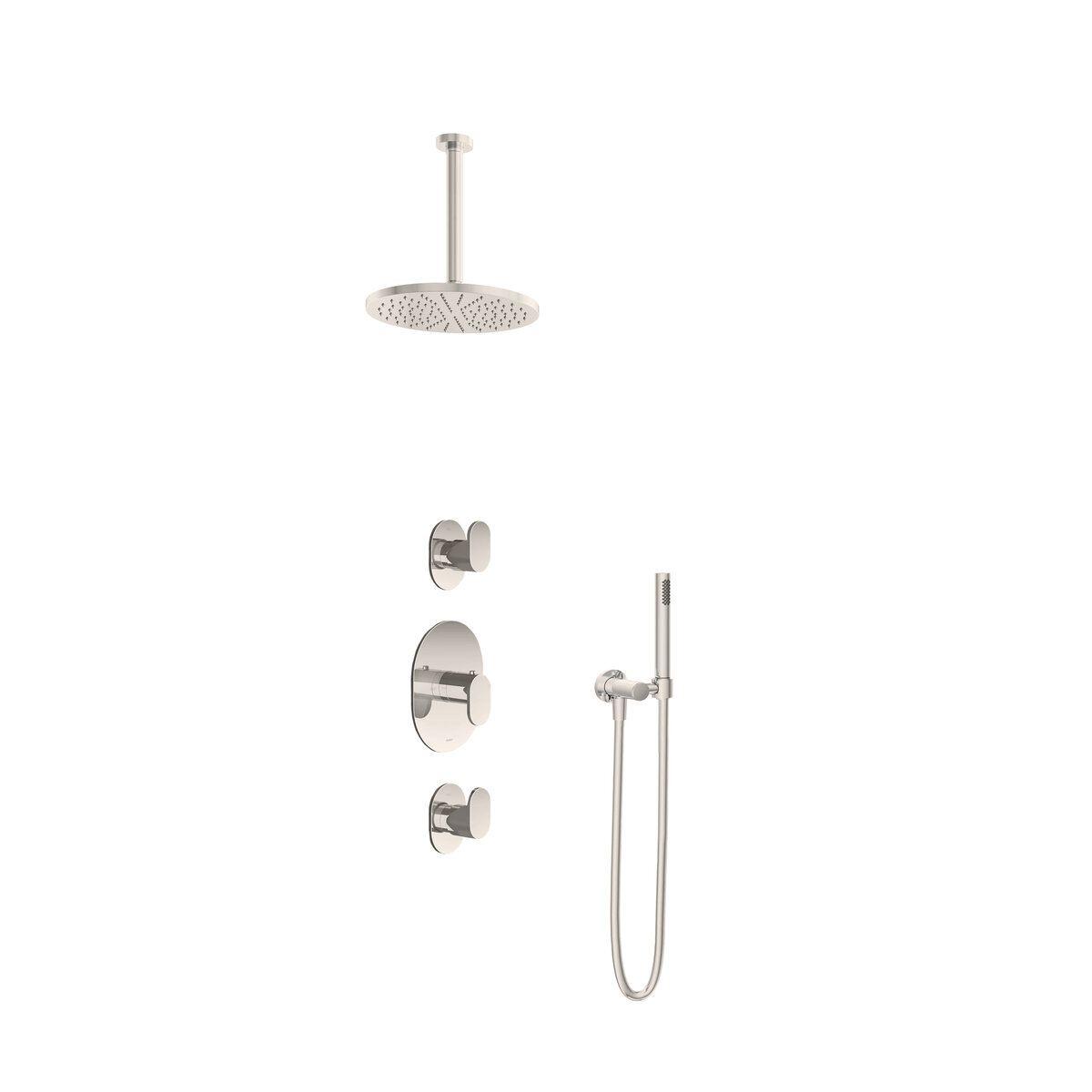 Hotbath Friendo Inbouw Regendoucheset Rond Met 2 Stopkranen, Plafondbuis 30cm, Hoofddouche 25cm En Staafhanddouche Geborsteld Nikkel