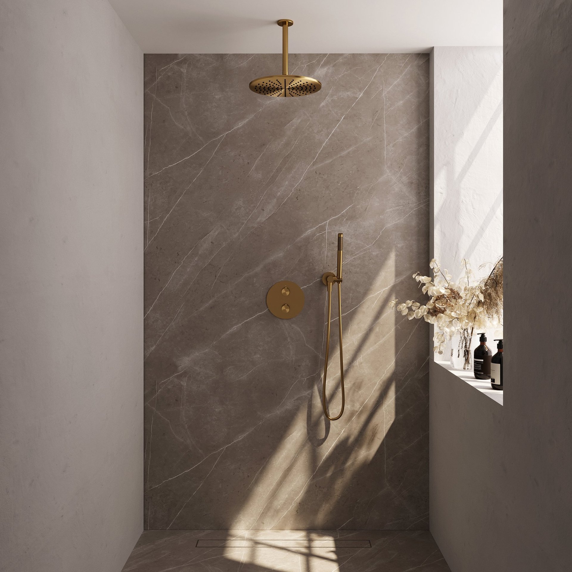 BRAUER Gold Edition thermostatische inbouw regendouche 3-weg rond SET 78 met 30 cm douchekop en plafondarm en staaf handdouche en doucheslang en wandaansluitbocht goud geborsteld PVD