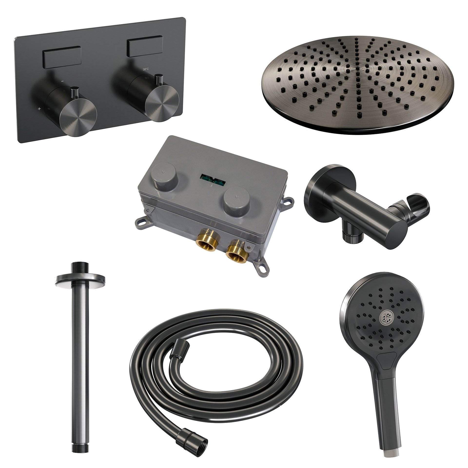BRAUER Gunmetal Edition thermostatische inbouw regendouche met drukknoppen SET 60 met 30 cm douchekop en plafondarm en 3-standen handdouche en doucheslang en wandaansluitbocht gunmetal geborsteld PVD