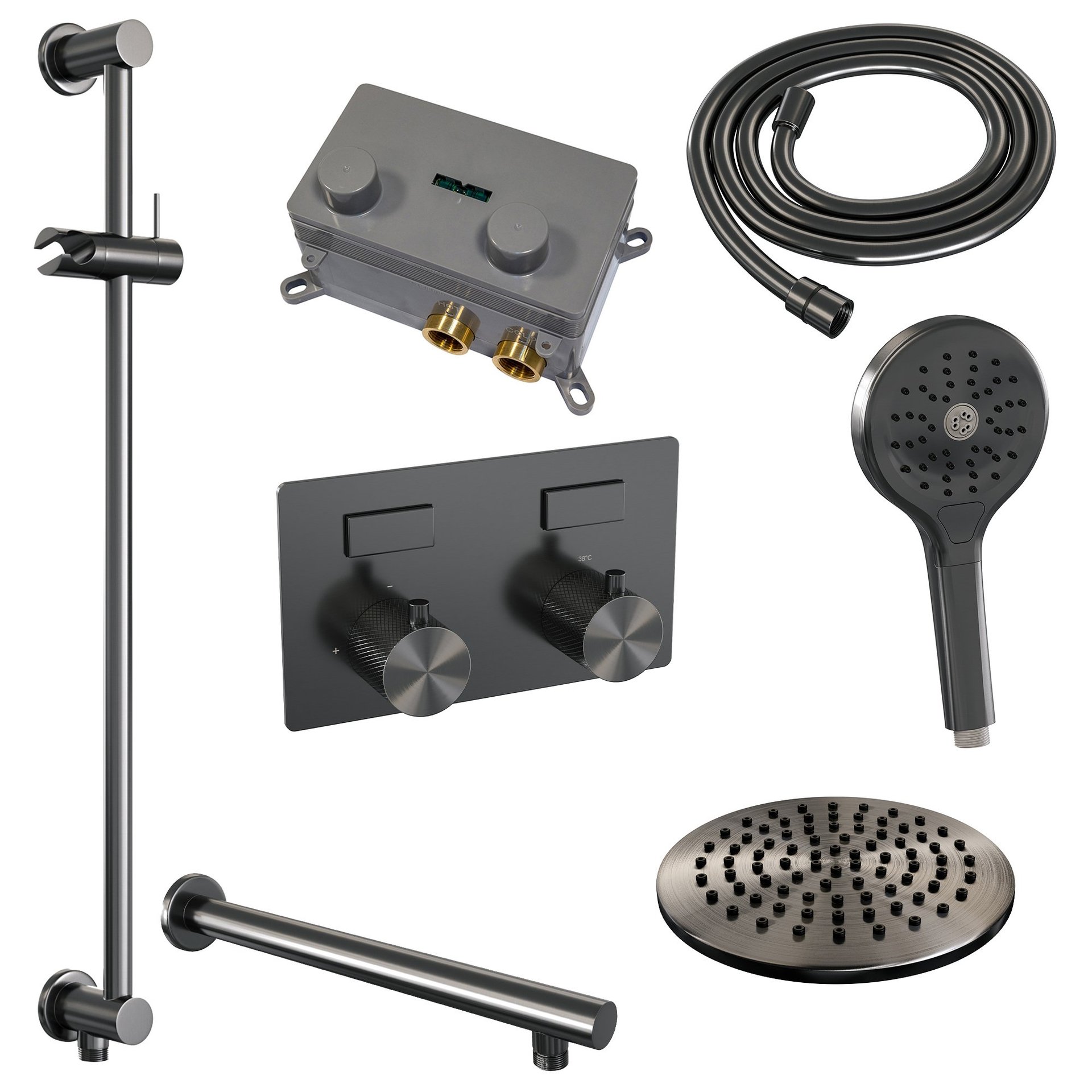 BRAUER Gunmetal Carving thermostatische inbouw regendouche met drukknoppen SET 67 met 20 cm douchekop en rechte muurarm en 3-standen handdouche en doucheslang en geïntegreerde glijstang gunmetal geborsteld PVD