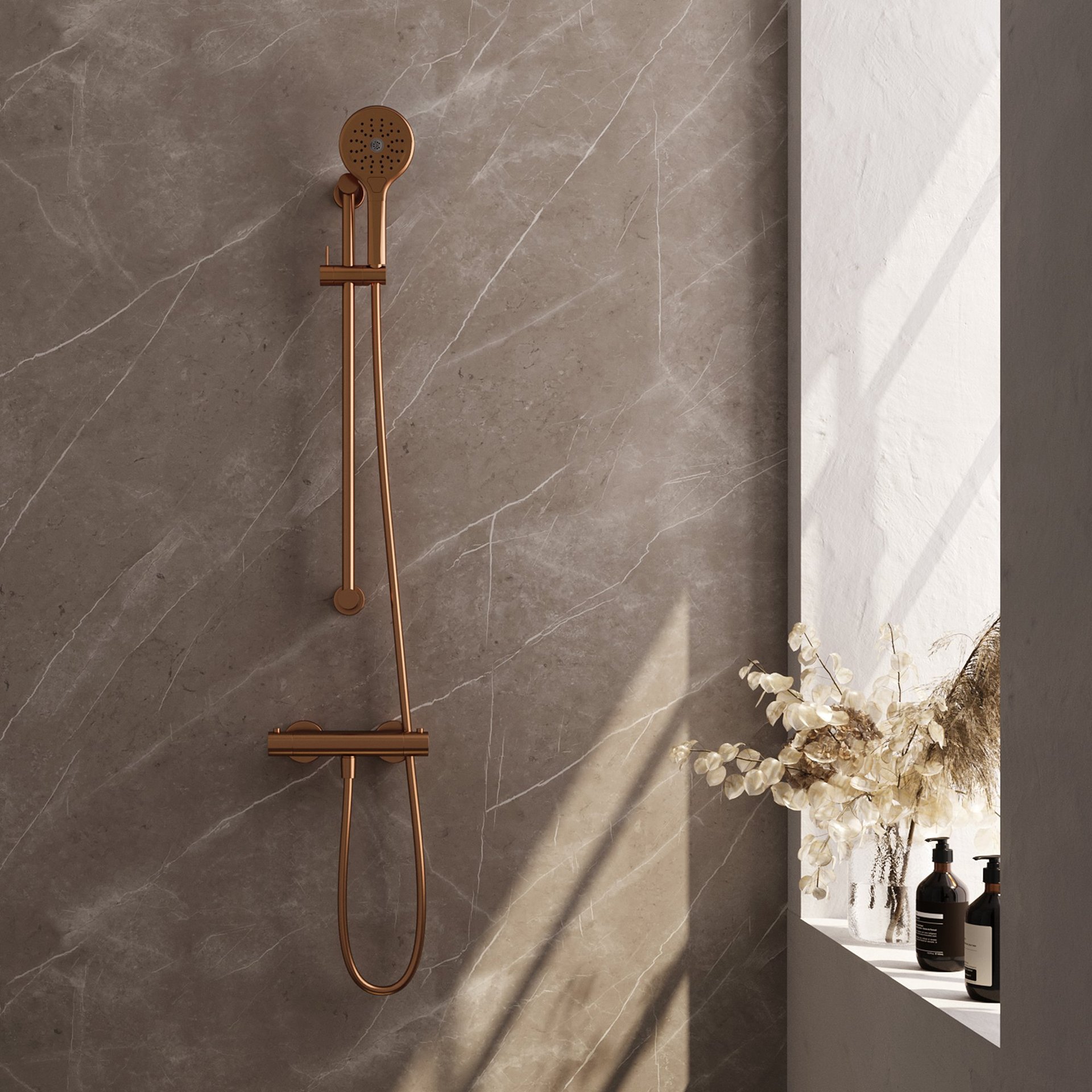 BRAUER Copper Edition opbouw douche thermostaatkraan SET 02 met glijstang en 3-standen handdouche en doucheslang koper geborsteld PVD