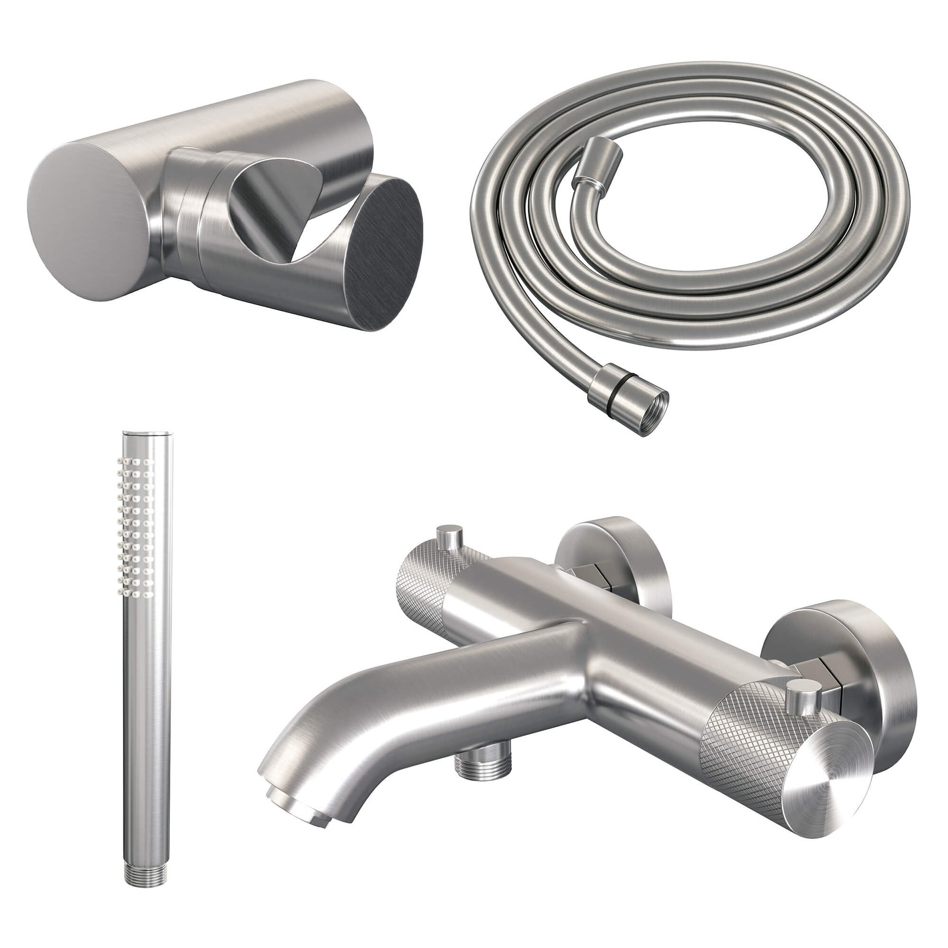 BRAUER Brushed Carving opbouw baddouche thermostaatkraan SET 03 met wandhouder en staaf handdouche en doucheslang RVS geborsteld PVD