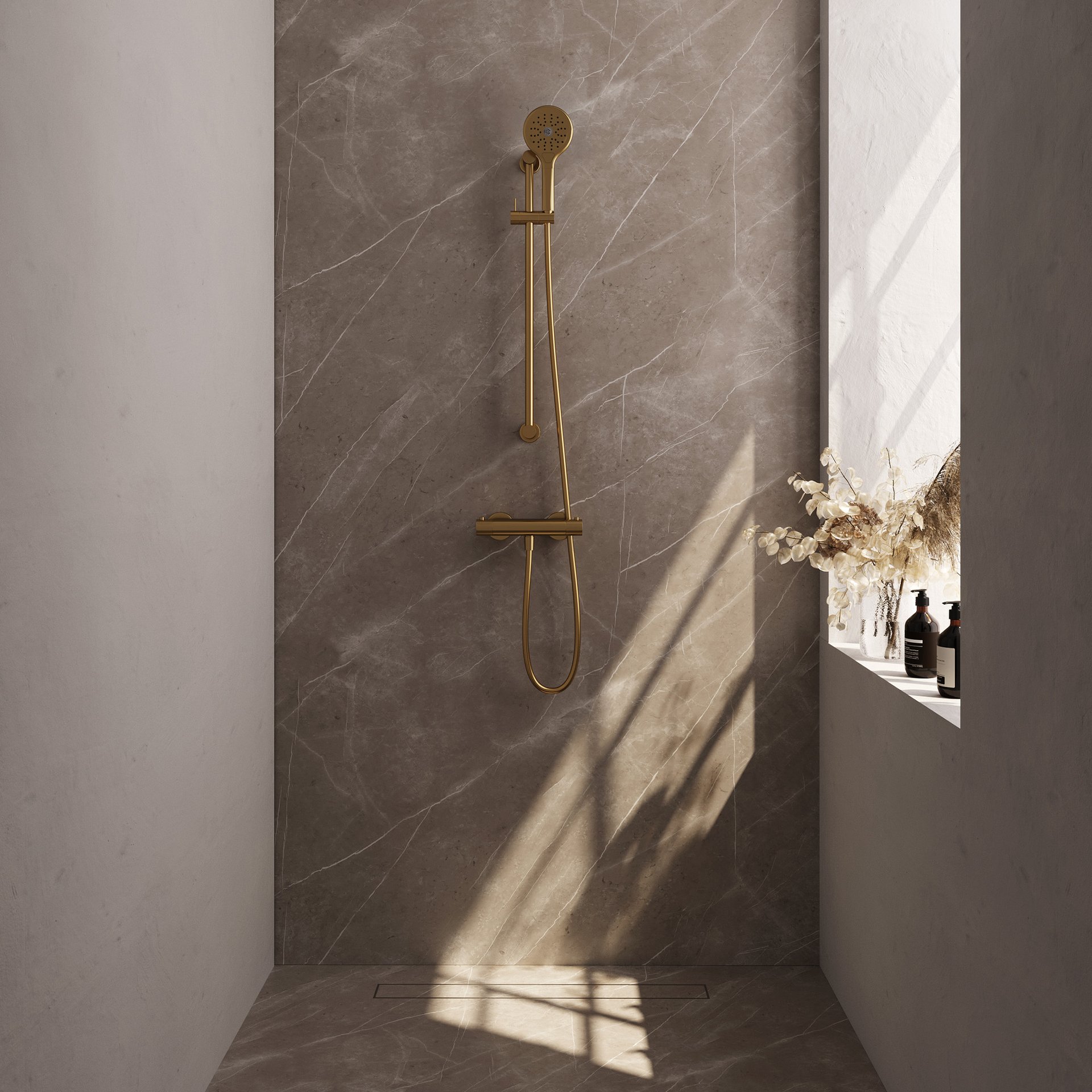 BRAUER Stripe opbouw douche thermostaatkraan SET 02 met glijstang en 3-standen handdouche en doucheslang goud geborsteld PVD