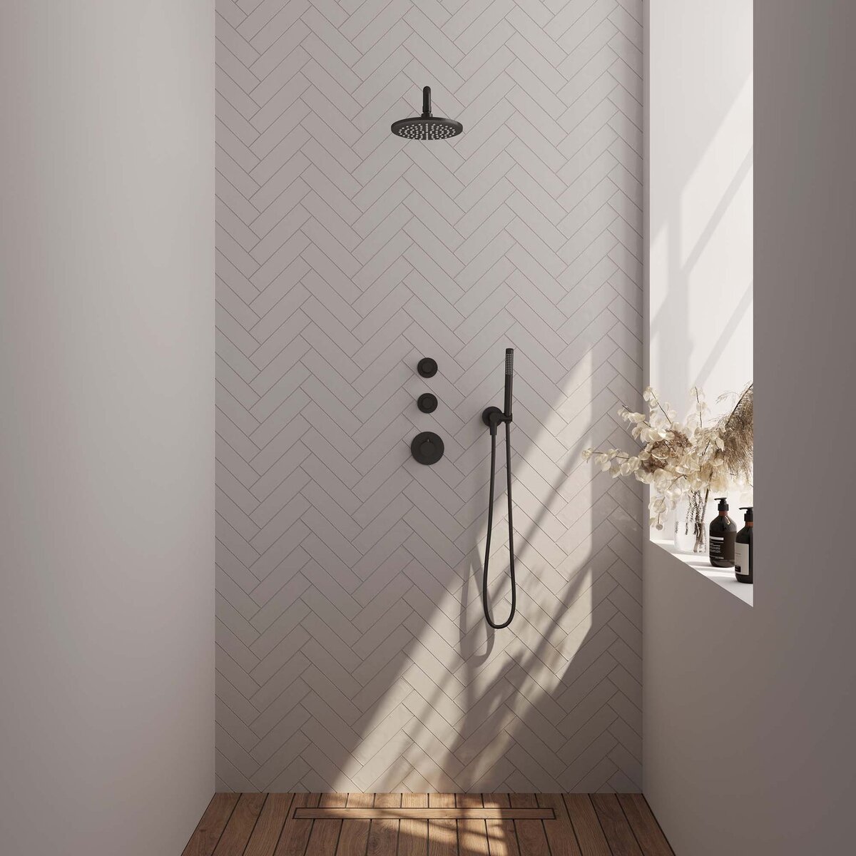 BRAUER Black Carving thermostatische inbouw regendouche SET 03 met 20 cm douchekop en gebogen muurarm en staaf handdouche en doucheslang en wandaansluitbocht mat zwart