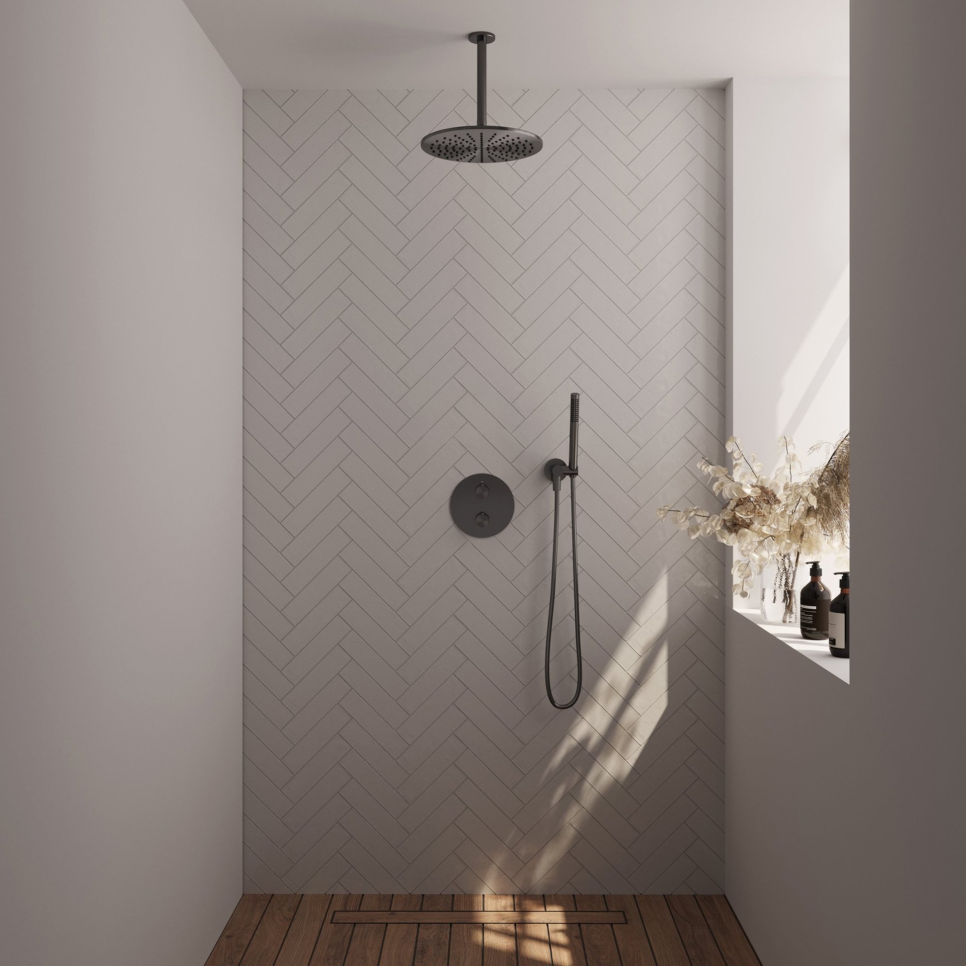 BRAUER Gunmetal Edition thermostatische inbouw regendouche 3-weg rond SET 78 met 30 cm douchekop en plafondarm en staaf handdouche en doucheslang en wandaansluitbocht gunmetal geborsteld PVD
