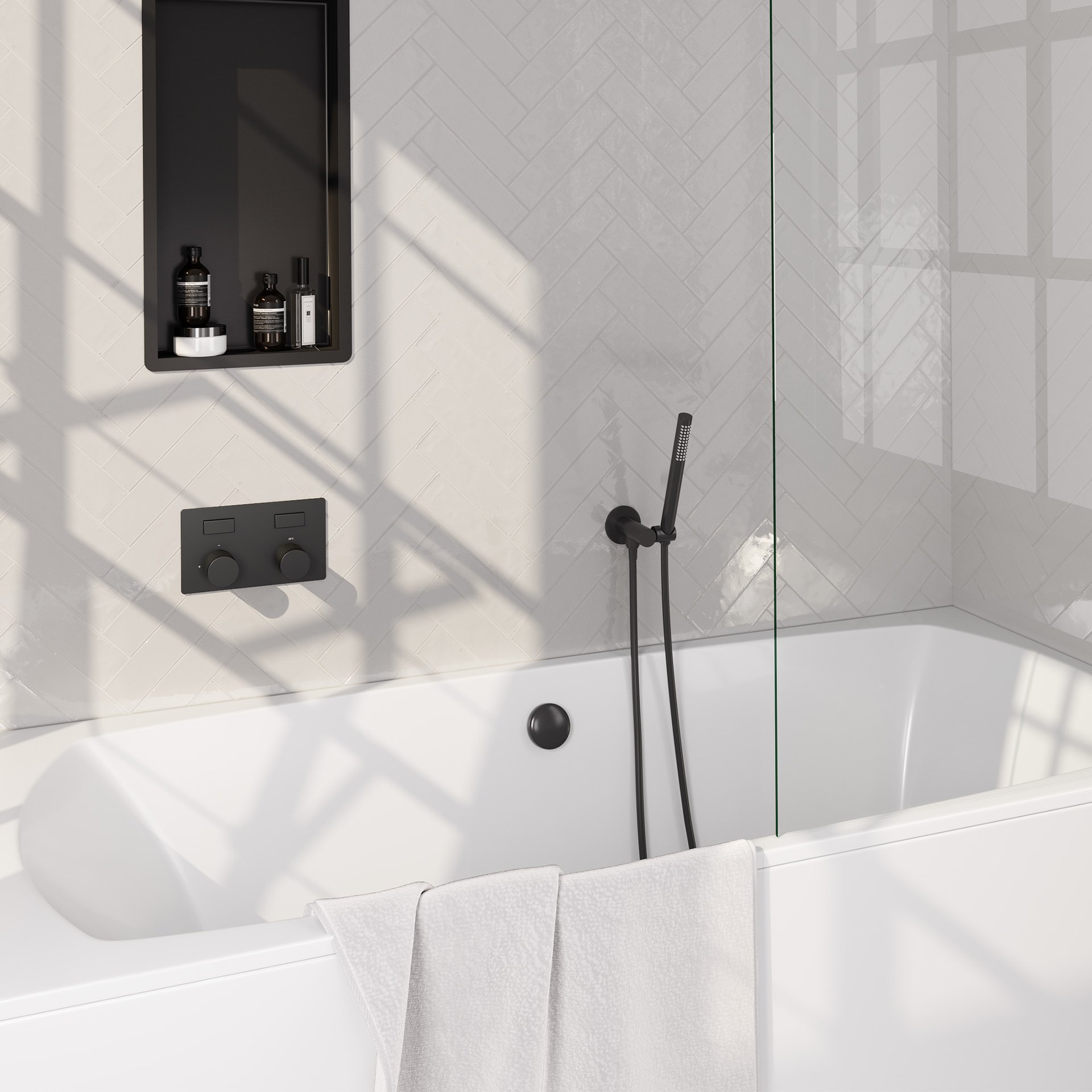 BRAUER Stripe thermostatische inbouw badkraan met drukknoppen SET 03 met badvulcombinatie en staaf handdouche en doucheslang en wandaansluitbocht mat zwart