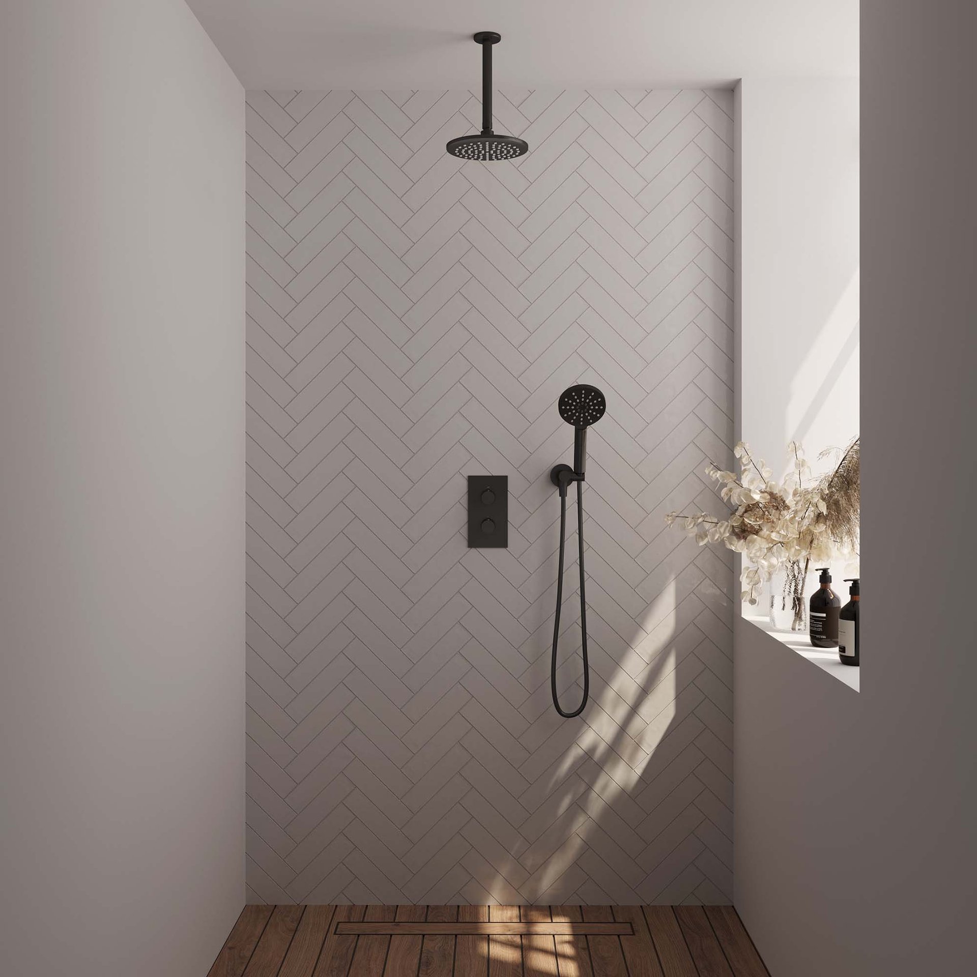 BRAUER Black Carving thermostatische inbouw regendouche 3-weg rechthoekig SET 35 met 20 cm douchekop en plafondarm en 3-standen handdouche en doucheslang en wandaansluitbocht mat zwart