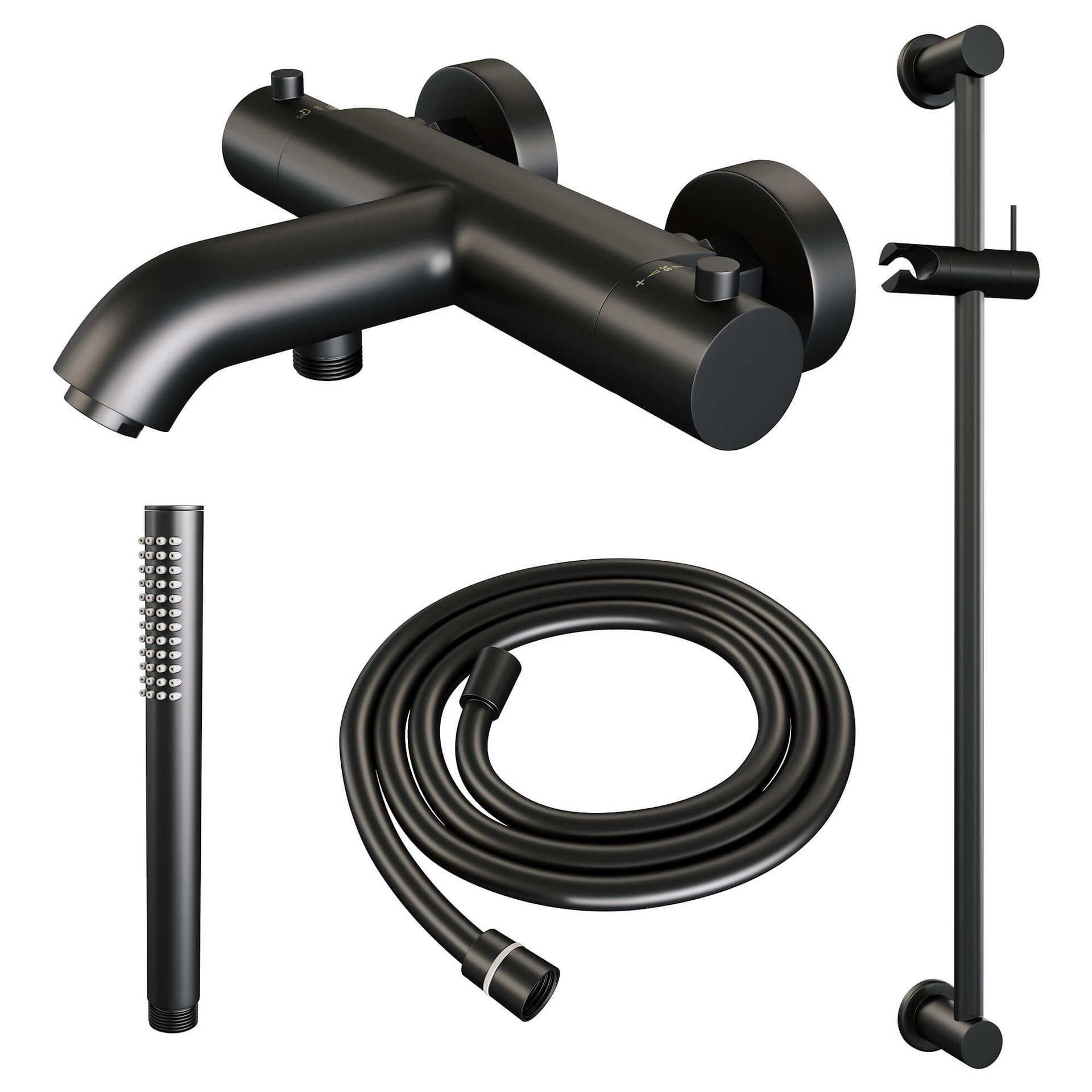 BRAUER Black Edition opbouw baddouche thermostaatkraan SET 01 met glijstang en staaf handdouche en doucheslang mat zwart