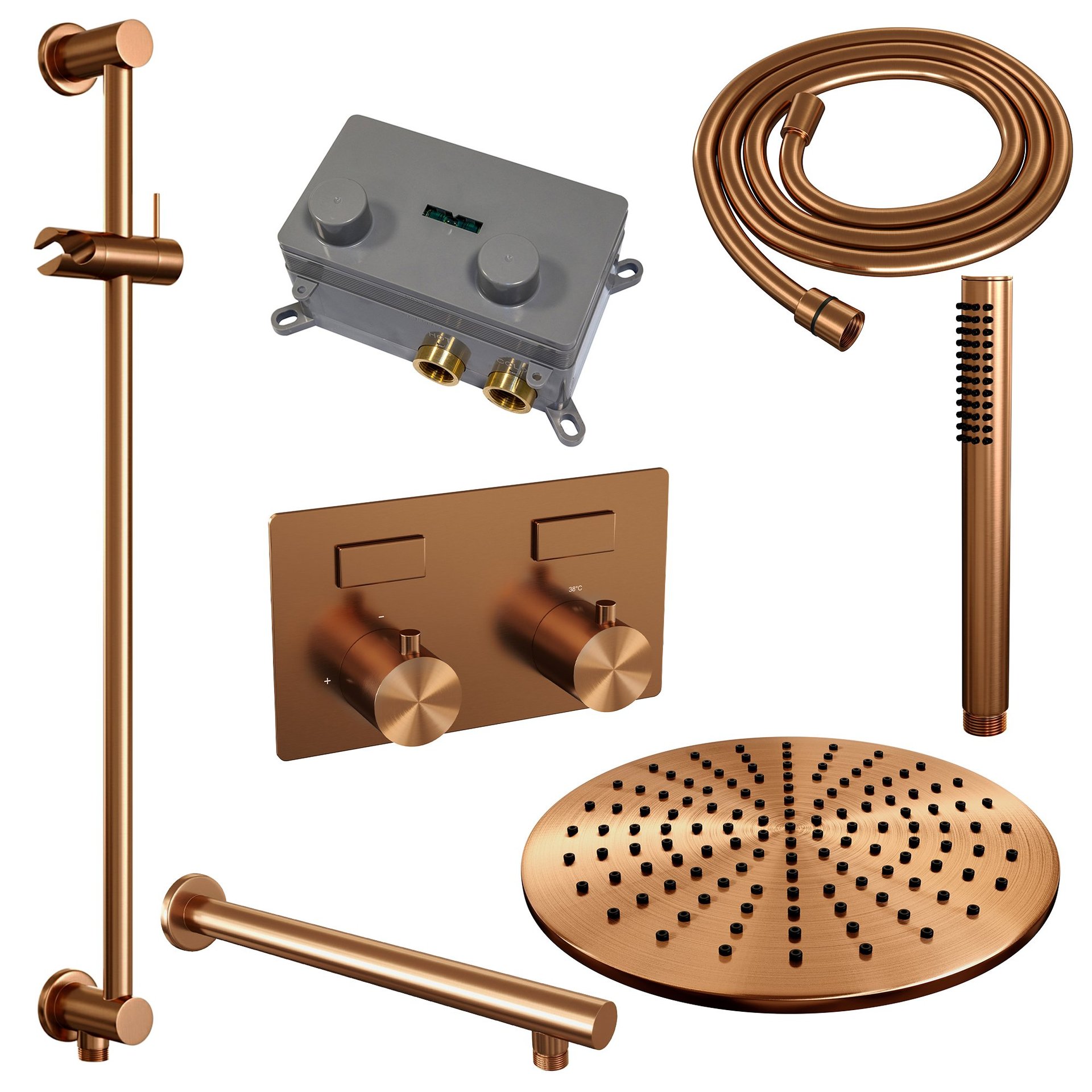 BRAUER Copper Edition thermostatische inbouw regendouche met drukknoppen SET 62 met 30 cm douchekop en rechte muurarm en staaf handdouche en doucheslang en geïntegreerde glijstang koper geborsteld PVD