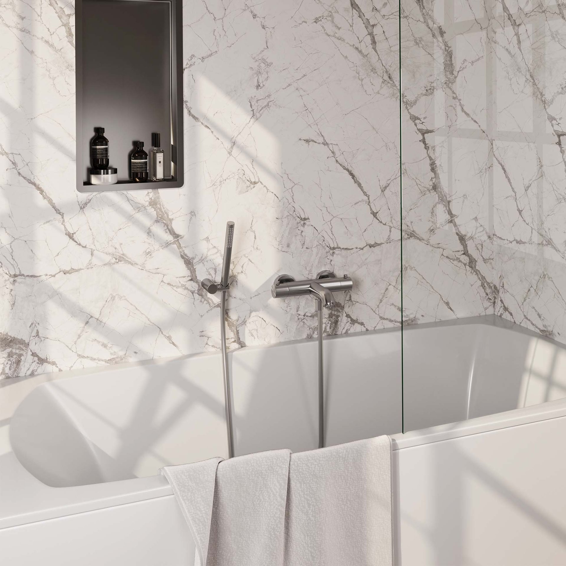 BRAUER Brushed Edition opbouw baddouche thermostaatkraan SET 03 met wandhouder en staaf handdouche en doucheslang RVS geborsteld PVD