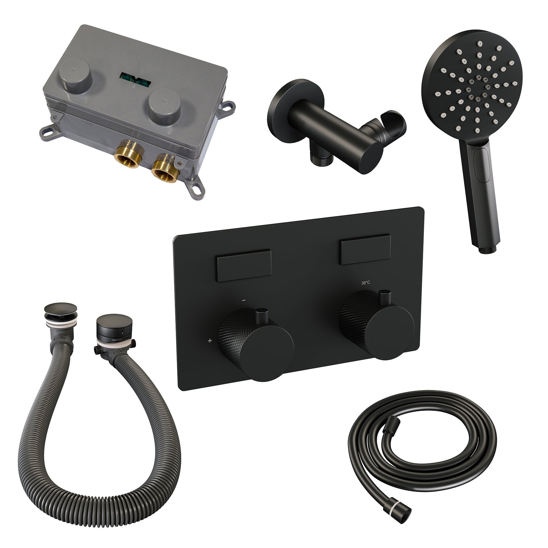 BRAUER Black Carving thermostatische inbouw badkraan met drukknoppen SET 04 met badvulcombinatie en 3-standen handdouche en doucheslang en wandaansluitbocht mat zwart