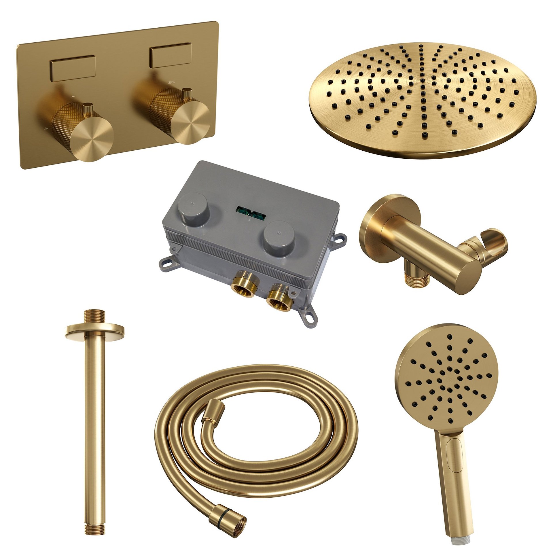 BRAUER Gold Carving thermostatische inbouw regendouche met drukknoppen SET 60 met 30 cm douchekop en plafondarm en 3-standen handdouche en doucheslang en wandaansluitbocht goud geborsteld PVD