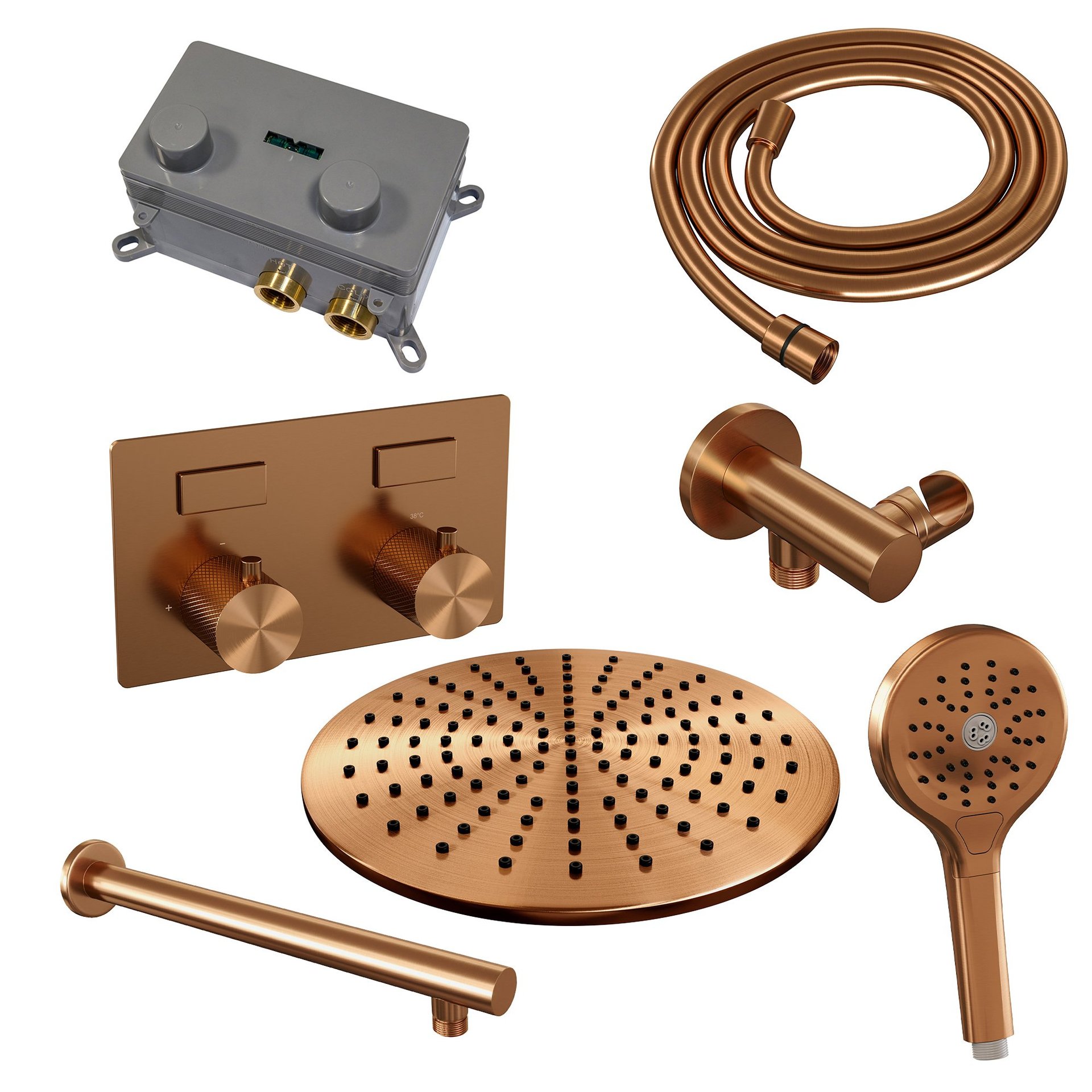 BRAUER Copper Carving thermostatische inbouw regendouche met drukknoppen SET 56 met 30 cm douchekop en rechte muurarm en 3-standen handdouche en doucheslang en wandaansluitbocht koper geborsteld PVD