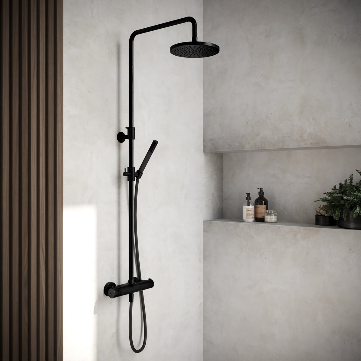 Hotbath Cobber Opbouw Regendoucheset Met Thermostaatkraan Met 20cm Ronde Hoofddouche en Staafhanddouche Mat Zwart