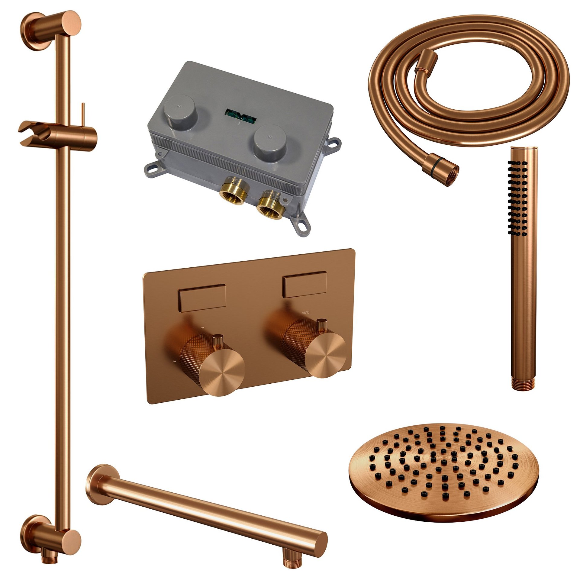 BRAUER Copper Carving thermostatische inbouw regendouche met drukknoppen SET 61 met 20 cm douchekop en rechte muurarm en staaf handdouche en doucheslang en geïntegreerde glijstang koper geborsteld PVD