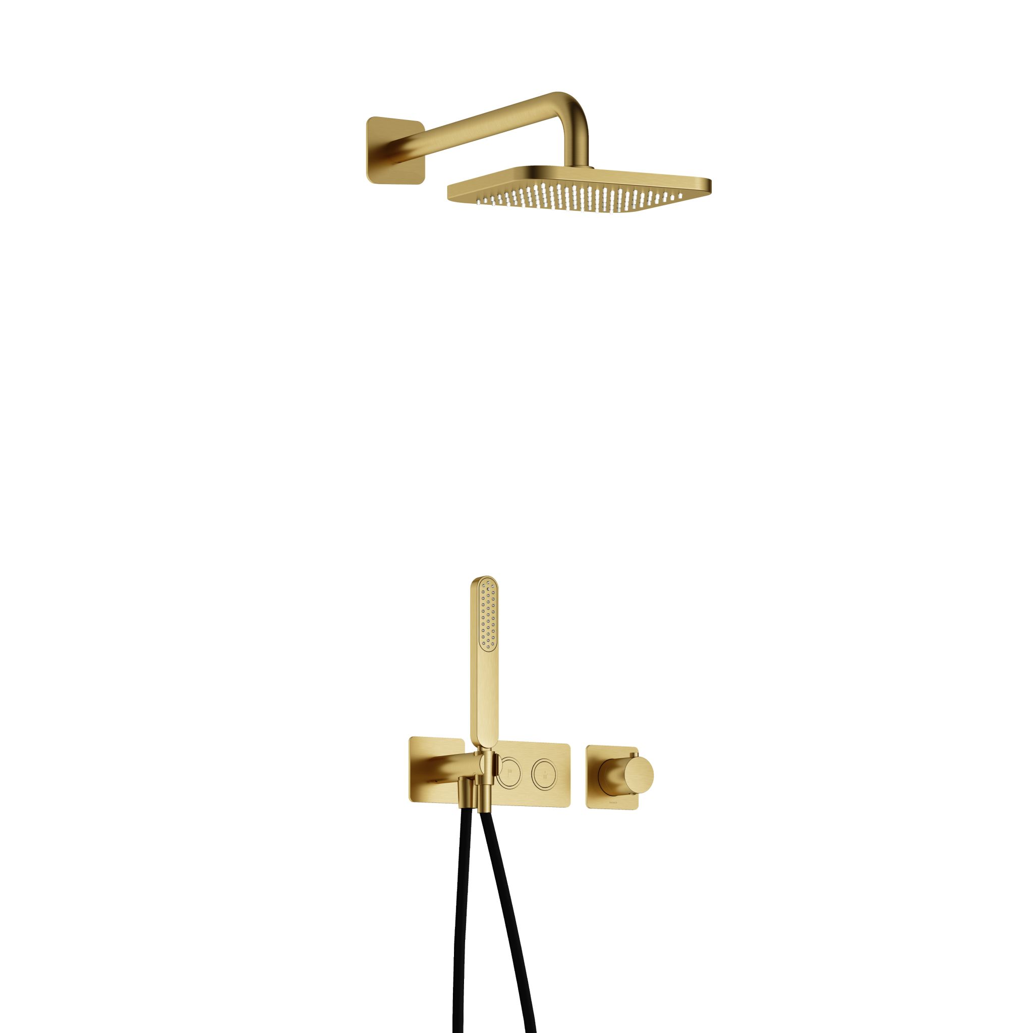 Hotbath Gal Inbouw Regendoucheset Met 2 Pushbuttons, Wandarm, Hoofddouche 22x22cm En Staafhanddouche Geborsteld Messing