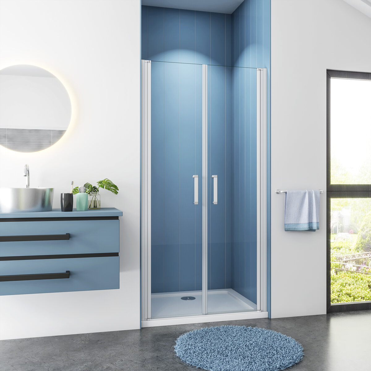 Douchedeur Flora Eco Nisdeur 90x185 Pendeldeur 5mm Helder Glas Mat Grijs