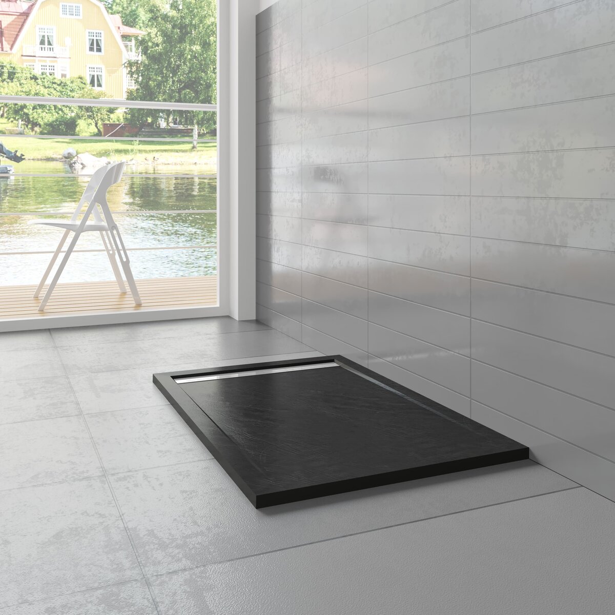 Douchebak Mat Zwart Natuursteen Look Daisy Rechthoek 90X70x3cm Antislip Polystone (Exclusief Sifon)