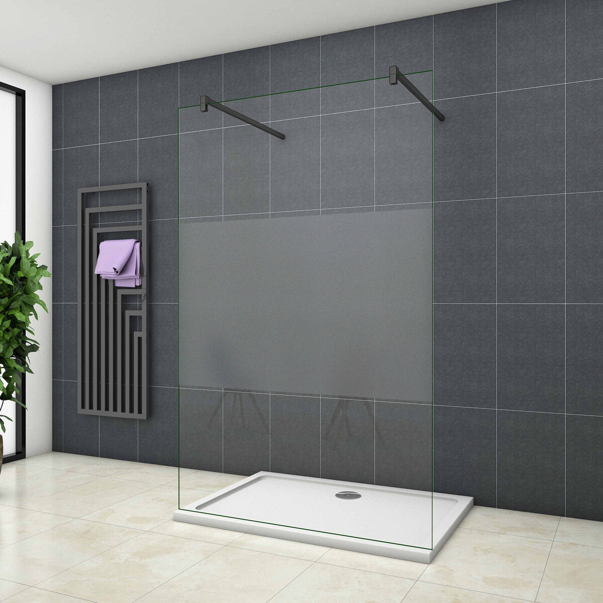 Inloopdouche Vrijstaand Chrysant 90x200 8mm Semi Gesatineerd Glas Antikalk Mat Zwart
