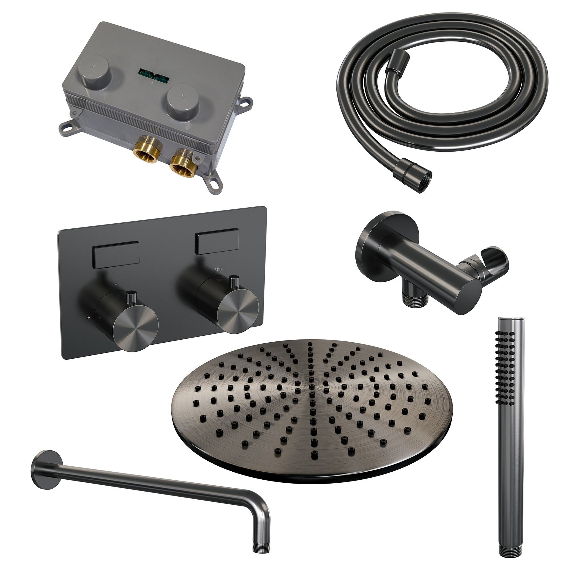 BRAUER Gunmetal Edition thermostatische inbouw regendouche met drukknoppen SET 52 met 30 cm douchekop en gebogen muurarm en staaf handdouche en doucheslang en wandaansluitbocht gunmetal geborsteld PVD