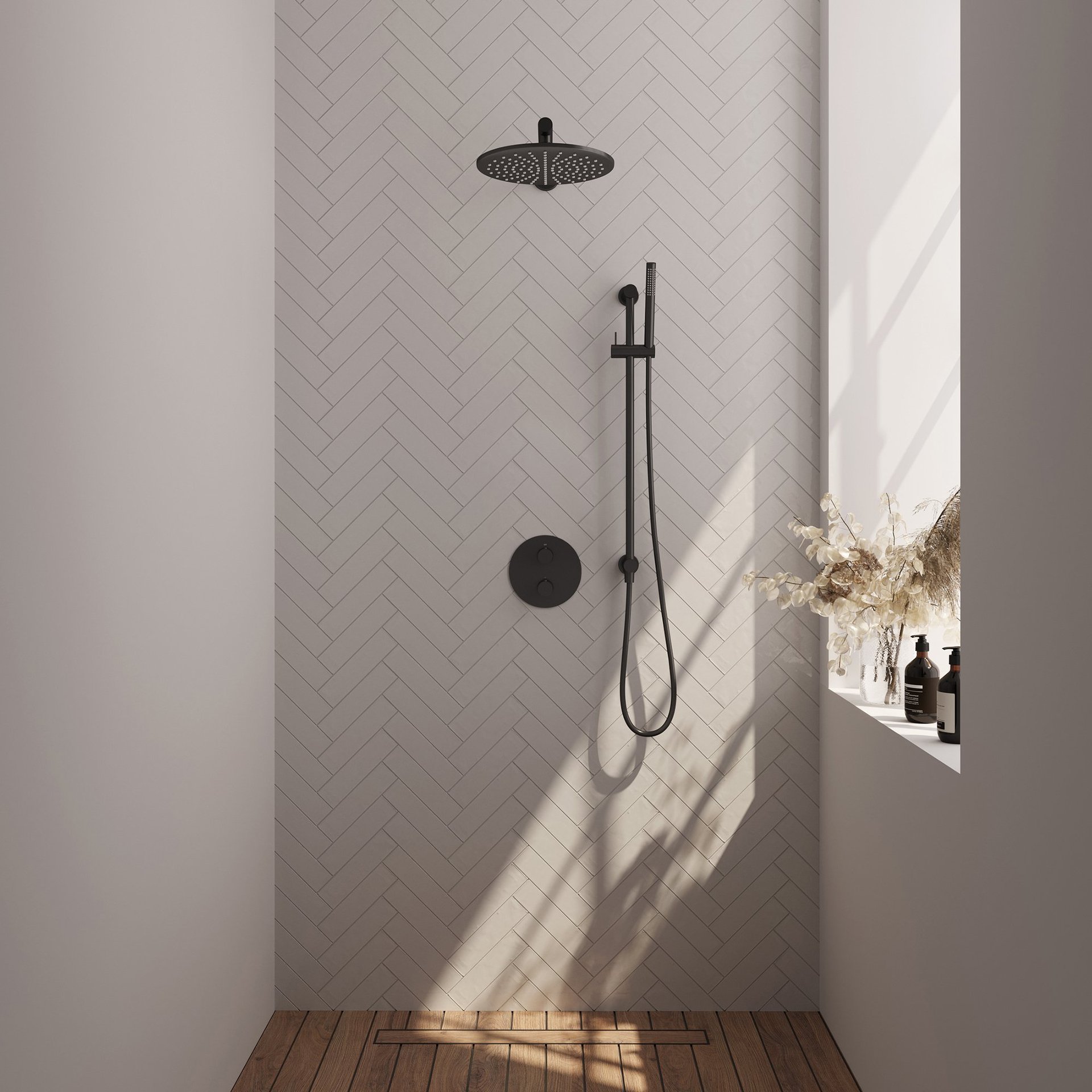 BRAUER Black Edition thermostatische inbouw regendouche 3-weg rond SET 86 met 30 cm douchekop en rechte muurarm en staaf handdouche en doucheslang en geïntegreerde glijstang mat zwart