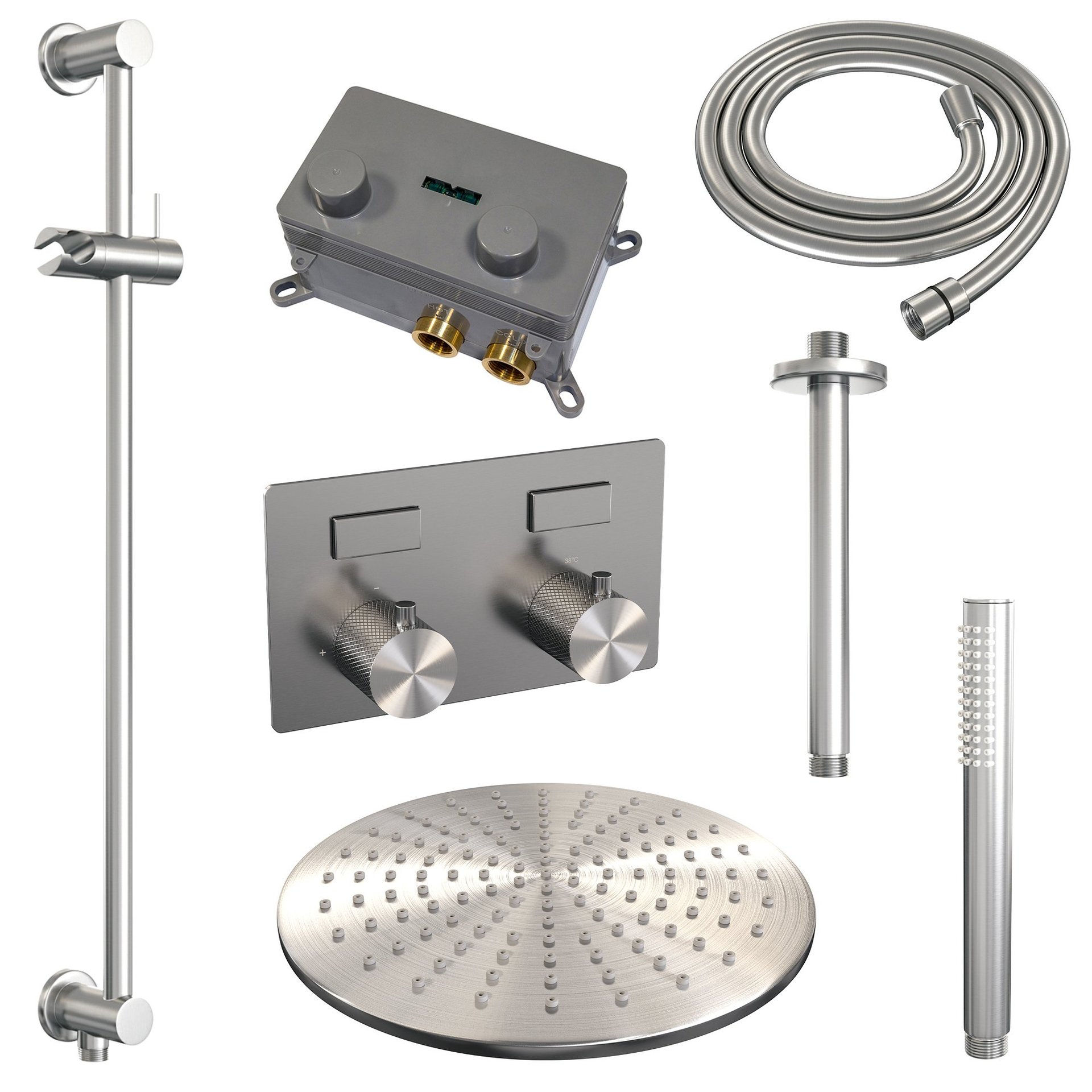 BRAUER Brushed Carving thermostatische inbouw regendouche met drukknoppen SET 66 met 30 cm douchekop en plafondarm en staaf handdouche en doucheslang en geïntegreerde glijstang RVS geborsteld PVD