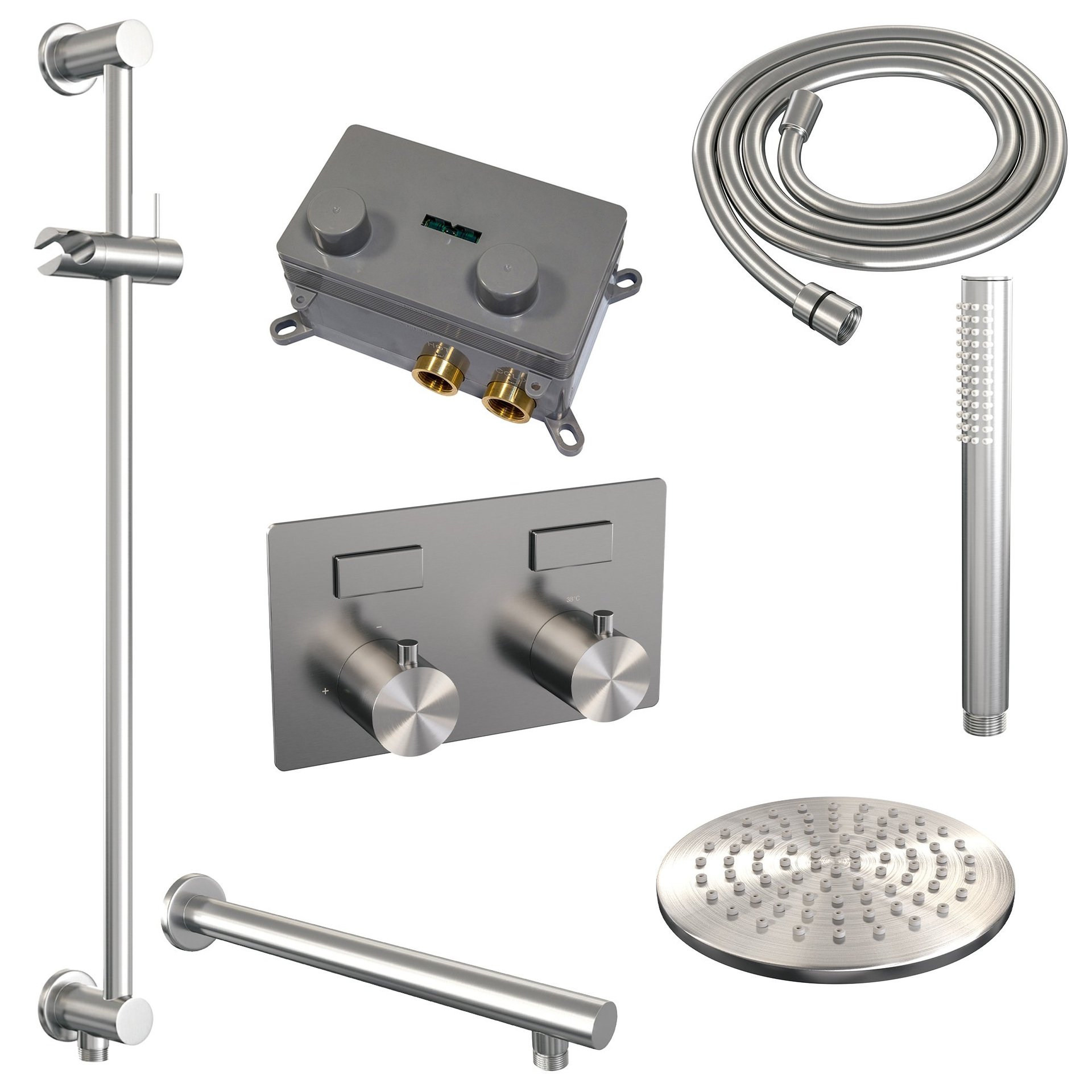 BRAUER Brushed Edition thermostatische inbouw regendouche met drukknoppen SET 61 met 20 cm douchekop en rechte muurarm en staaf handdouche en doucheslang en geïntegreerde glijstang RVS geborsteld PVD