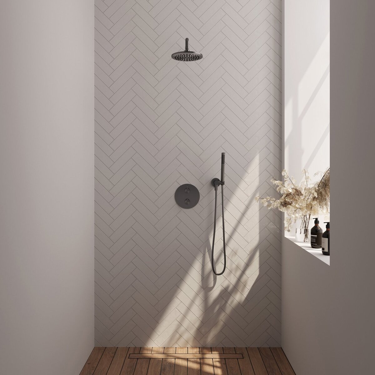BRAUER Gunmetal Edition thermostatische inbouw regendouche 3-weg rond SET 75 met 20 cm douchekop en gebogen muurarm en staaf handdouche en doucheslang en wandaansluitbocht gunmetal geborsteld PVD