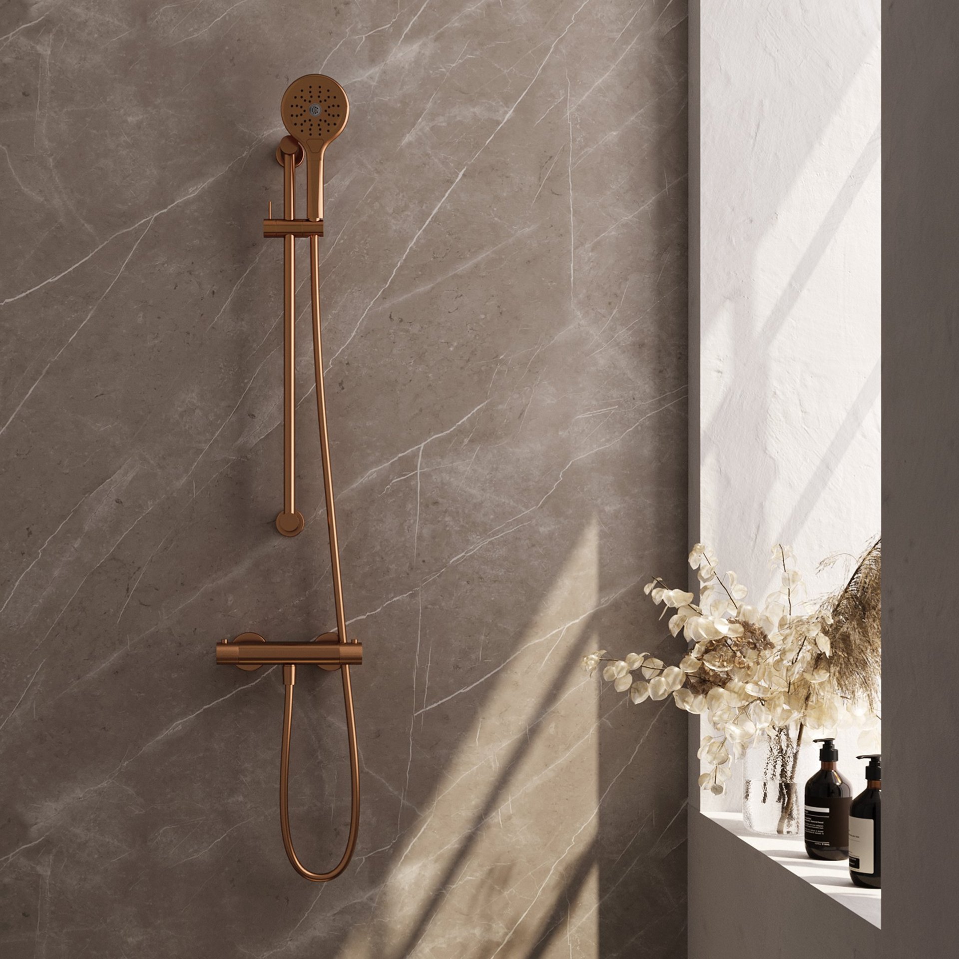 BRAUER Copper Carving opbouw douche thermostaatkraan SET 02 met glijstang en 3-standen handdouche en doucheslang koper geborsteld PVD