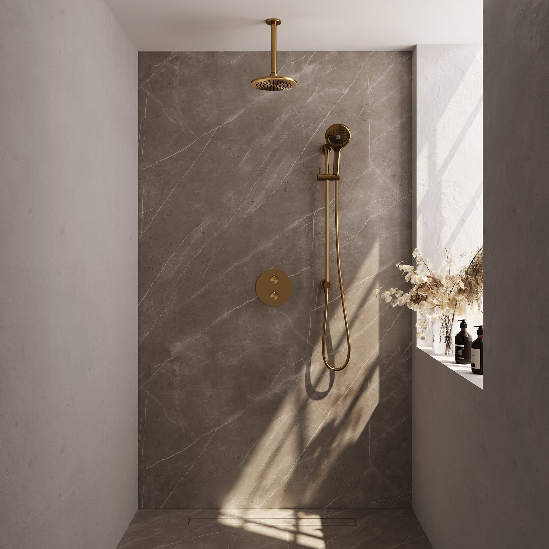 BRAUER Gold Edition thermostatische inbouw regendouche 3-weg rond SET 95 met 20 cm douchekop en plafondarm en 3-standen handdouche en doucheslang en geïntegreerde glijstang goud geborsteld PVD
