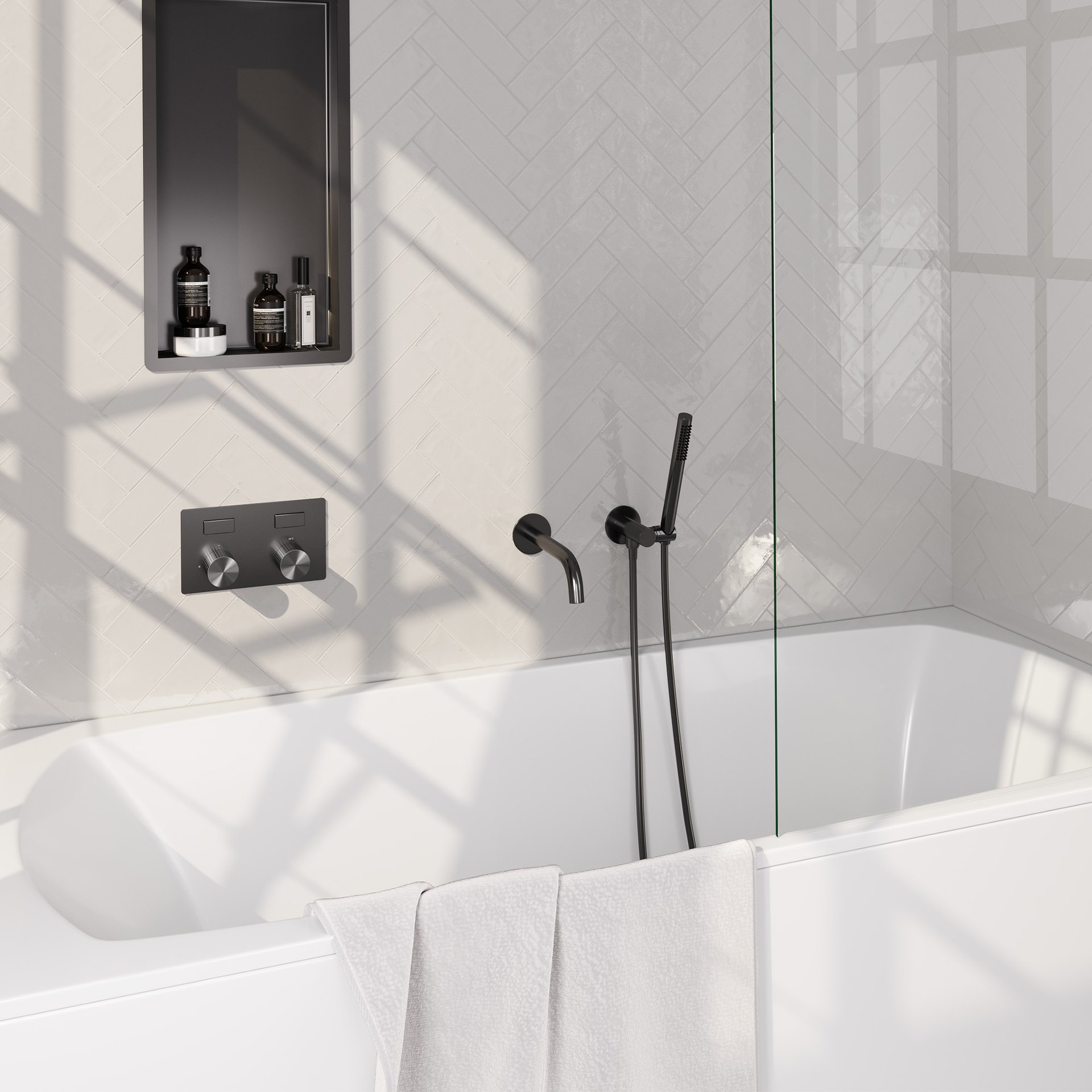 BRAUER Stripe thermostatische inbouw badkraan met drukknoppen SET 03 met uitloop en staaf handdouche en doucheslang en wandaansluitbocht gunmetal geborsteld PVD