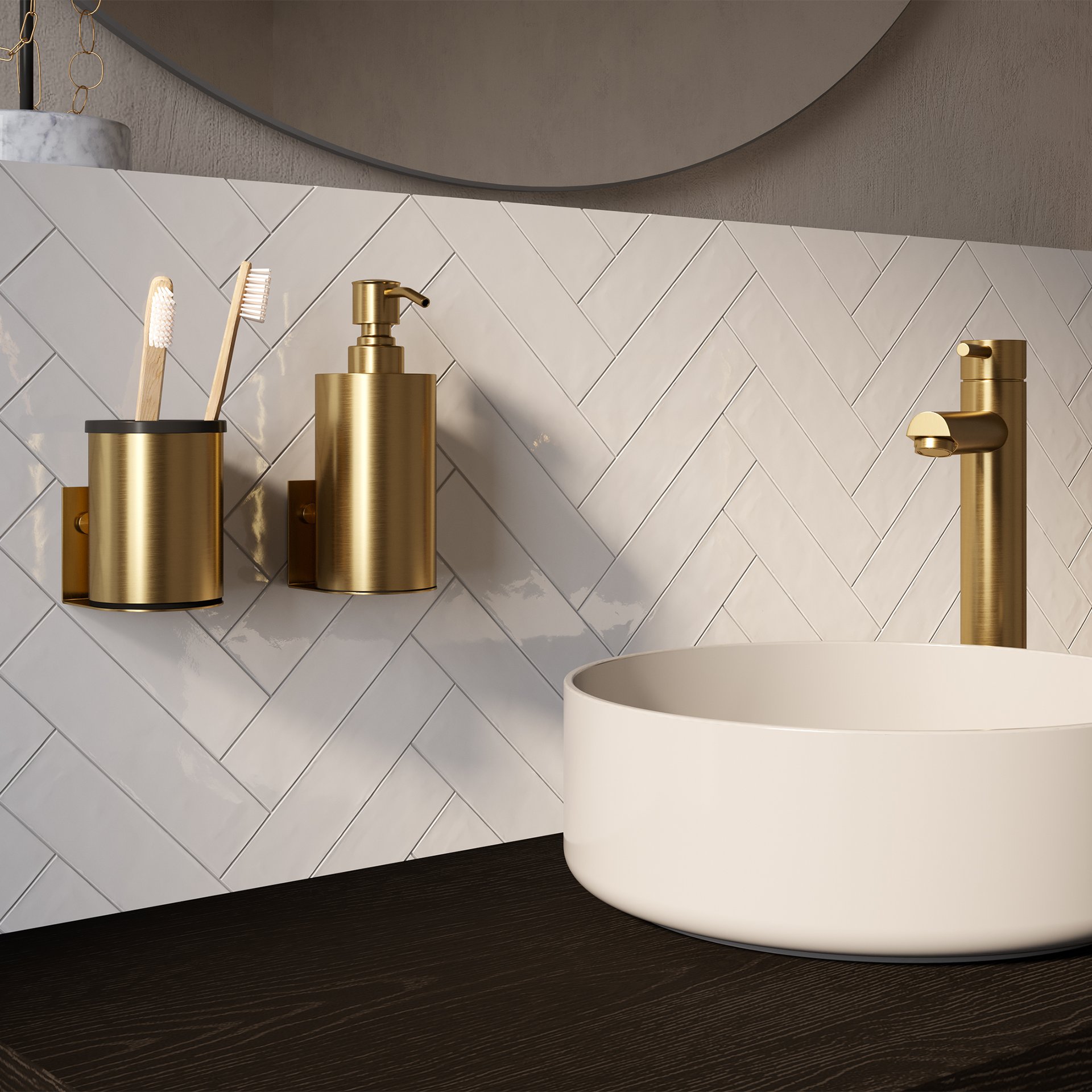 BRAUER Zeepdispenser en beker model A incl. wand ophanging en magnetisch opzetvlak goud geborsteld