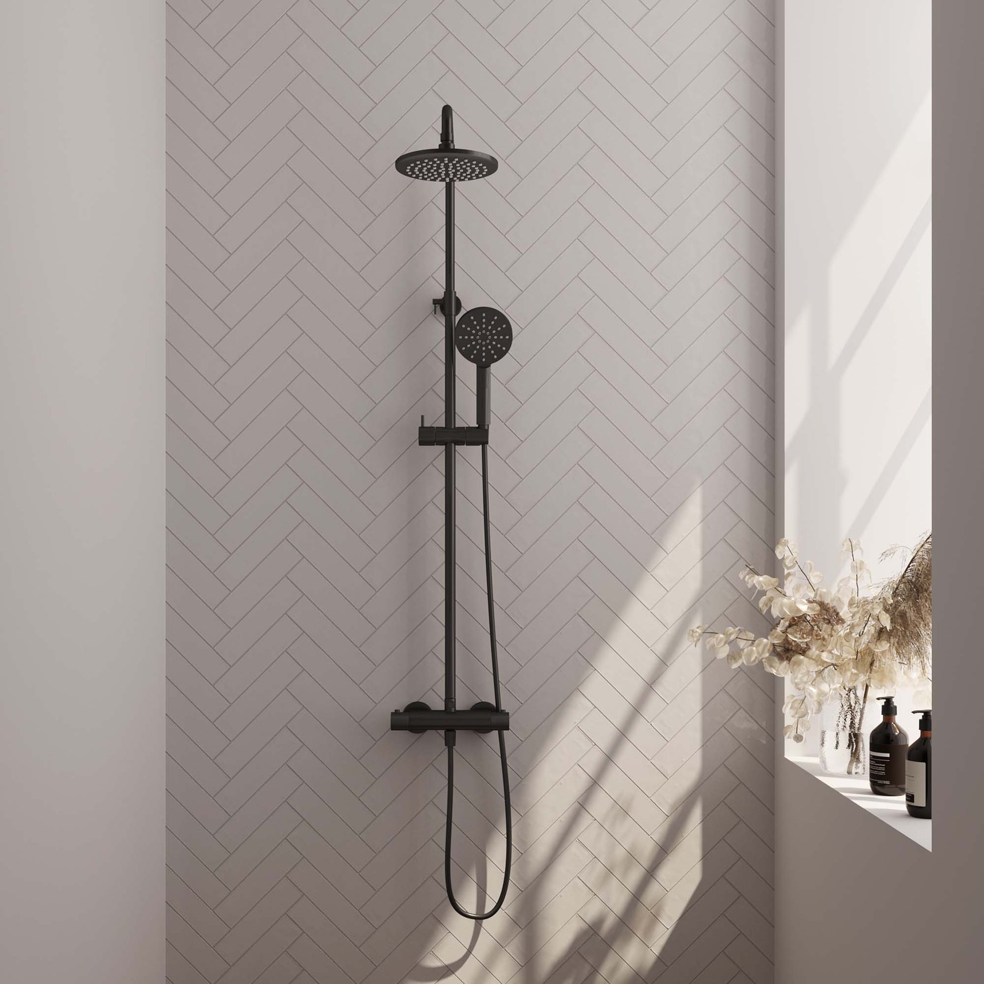 BRAUER Black Carving opbouw thermostatische regendouche SET 02 met 20 cm hoofddouche en 3-standen handdouche en doucheslang mat zwart