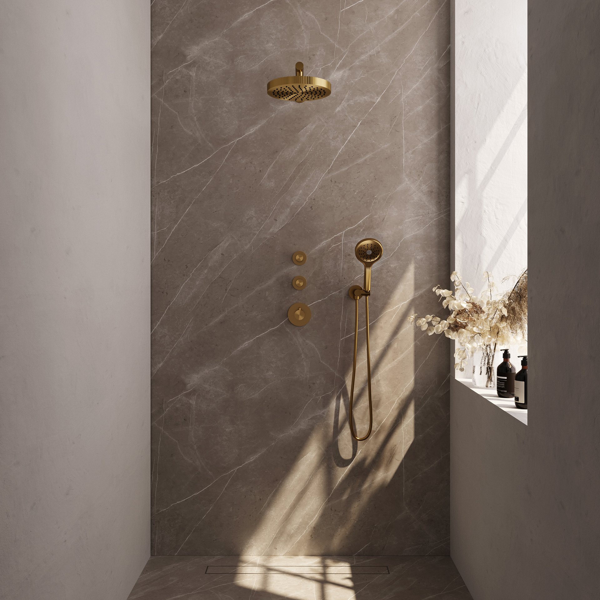 BRAUER Stripe thermostatische inbouw regendouche SET 04 met 25 cm douchekop en rechte muurarm en 3-standen handdouche en doucheslang en wandaansluitbocht goud geborsteld PVD