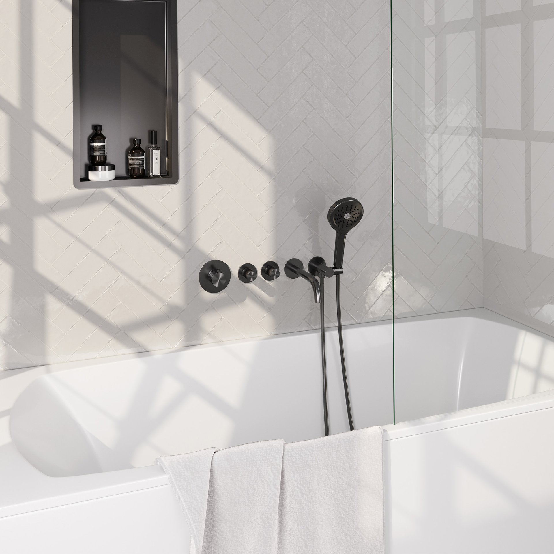 BRAUER Stripe thermostatische inbouw badkraan SET 02 met uitloop en 3-standen handdouche en doucheslang en wandaansluitbocht gunmetal geborsteld PVD